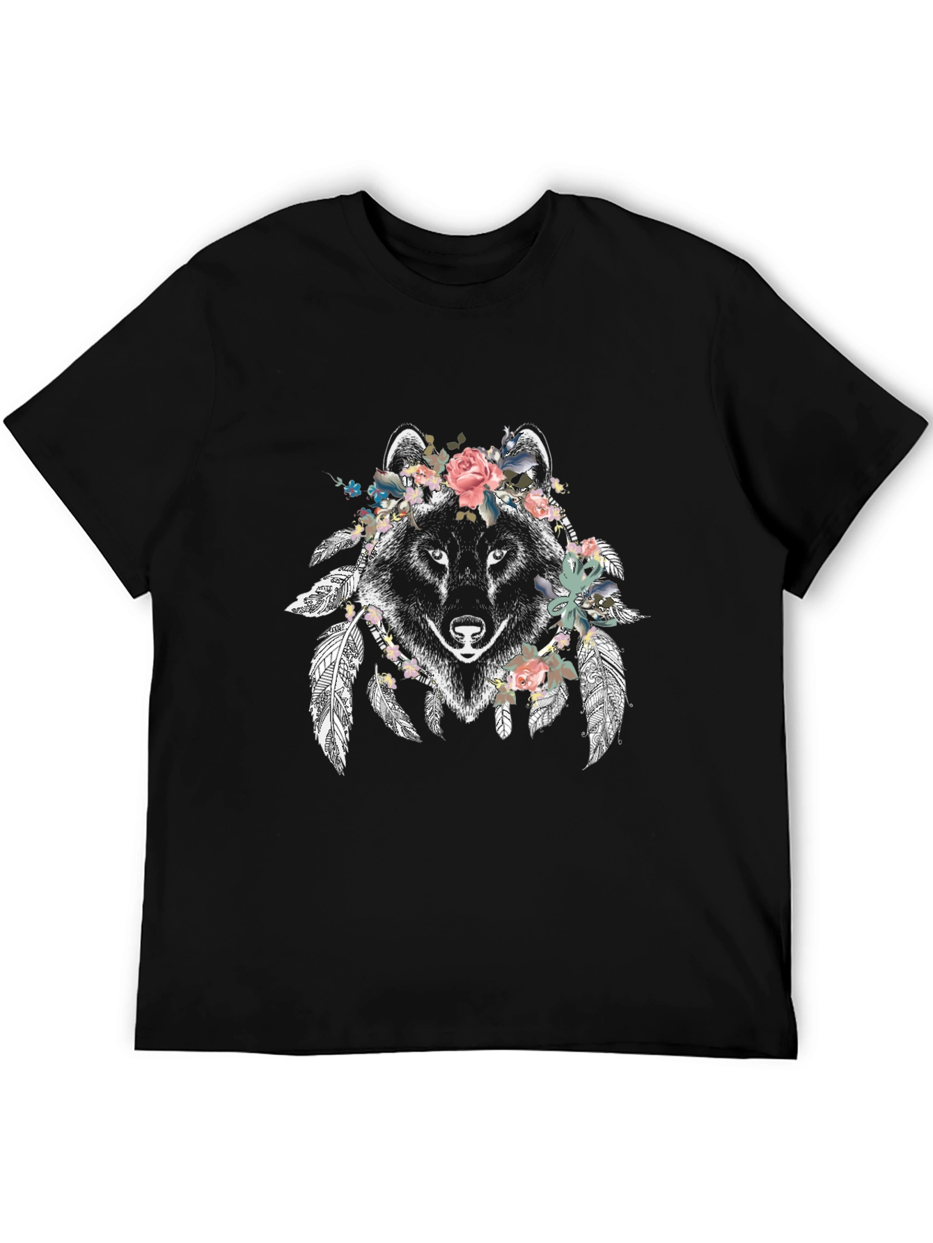 Floral Wolf Graphic Tee - Mens Black T-Shirt