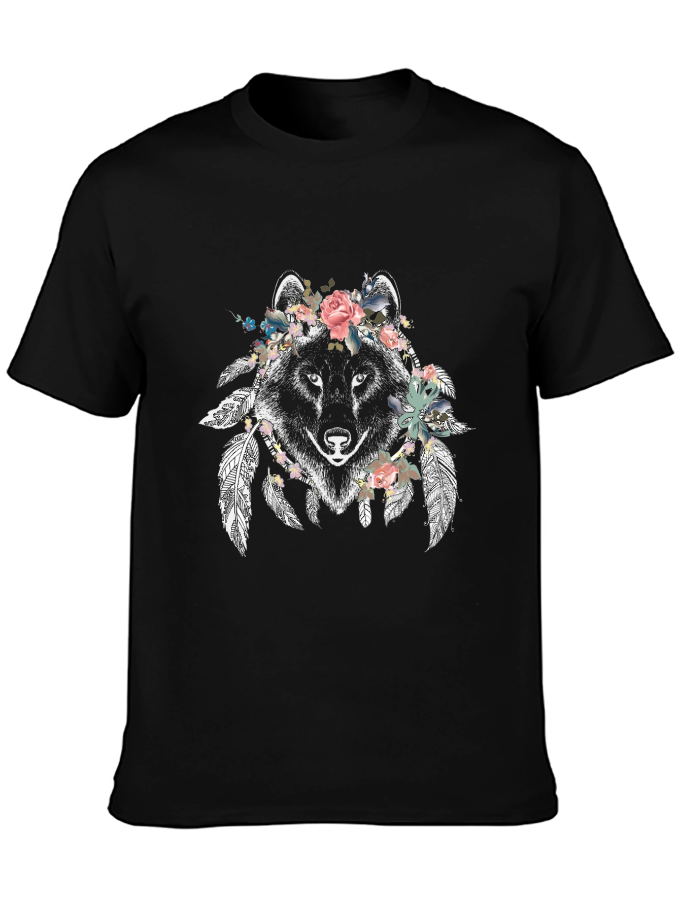 Floral Wolf Graphic Tee - Mens Black T-Shirt