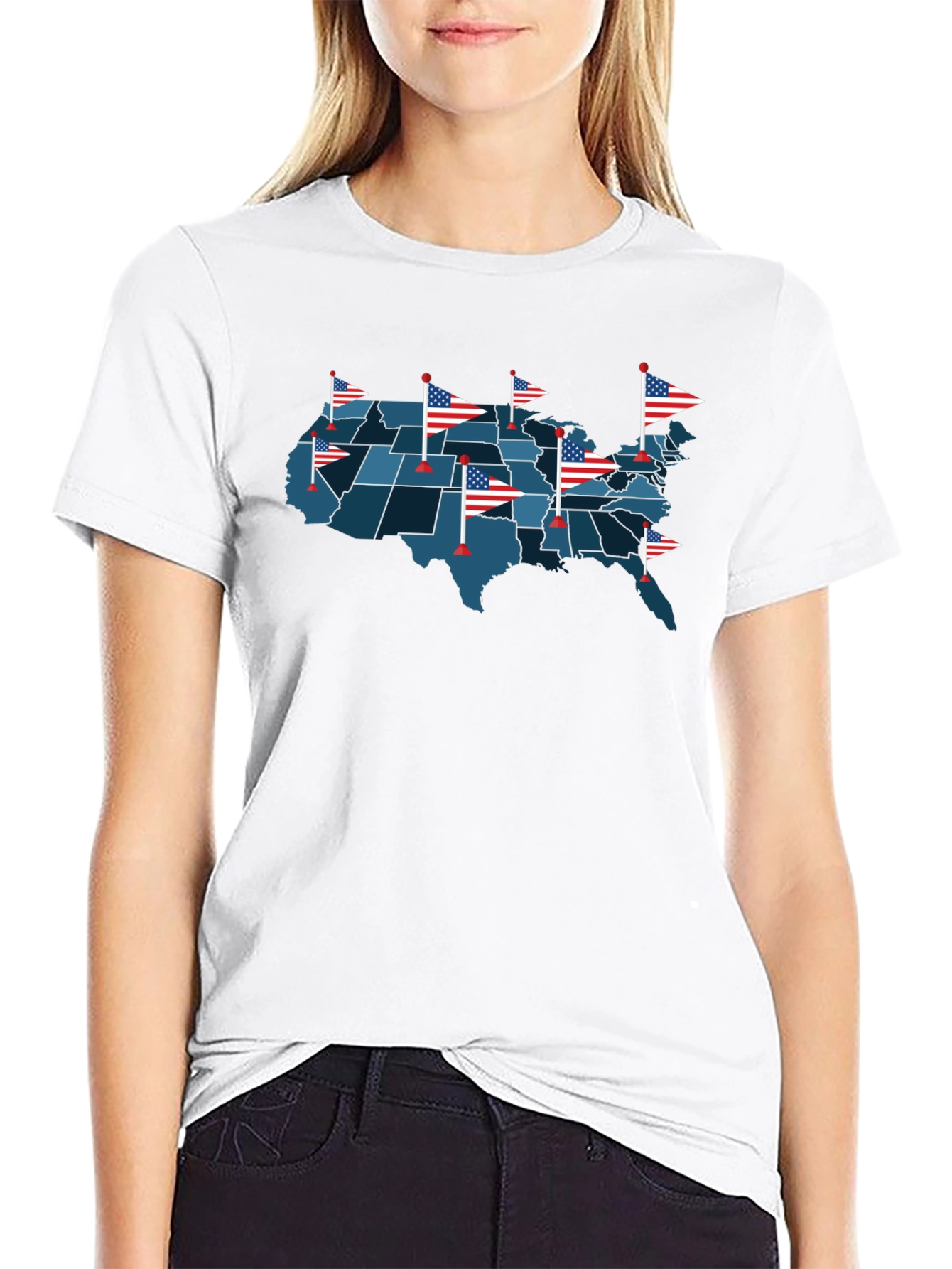USA Map T-Shirt with American Flags