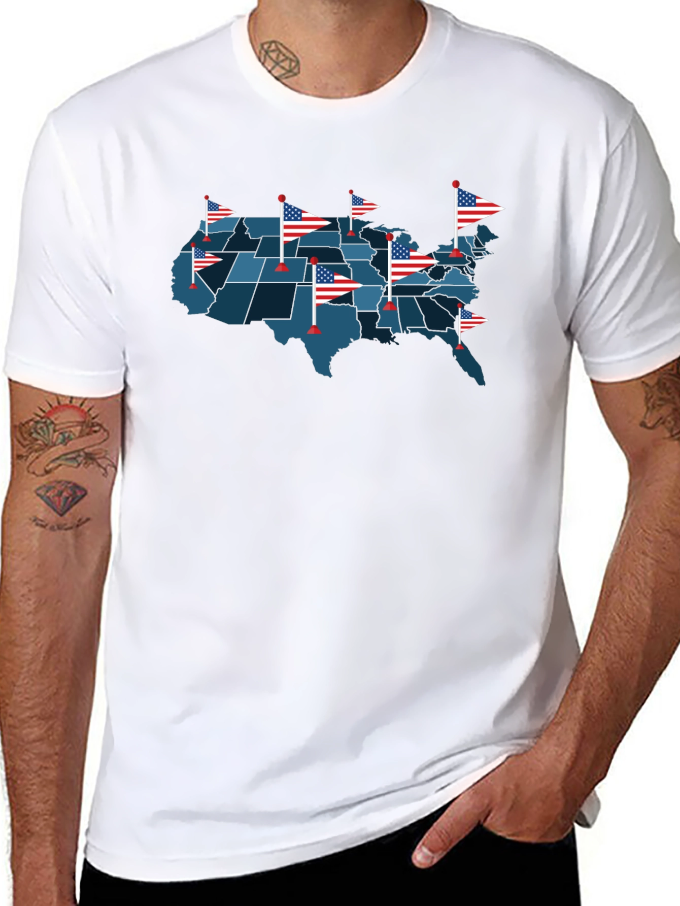 USA Map T-Shirt with American Flags