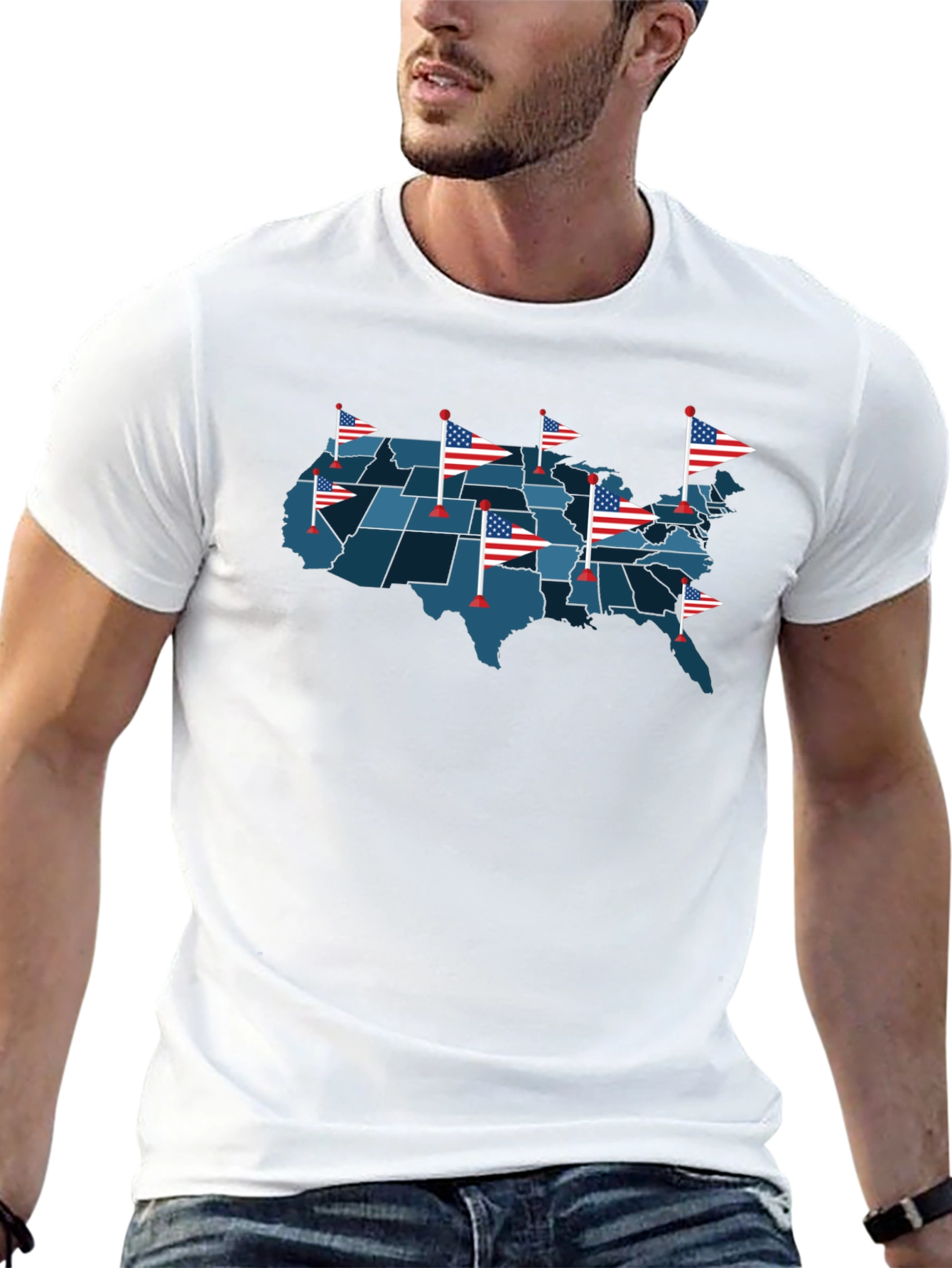 USA Map T-Shirt with American Flags