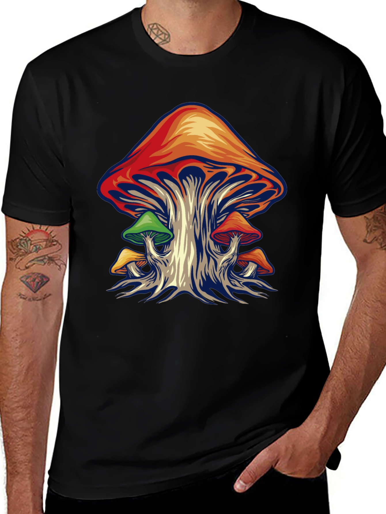 Psychedelic Mushroom Graphic Tee - Black Cotton Shirt
