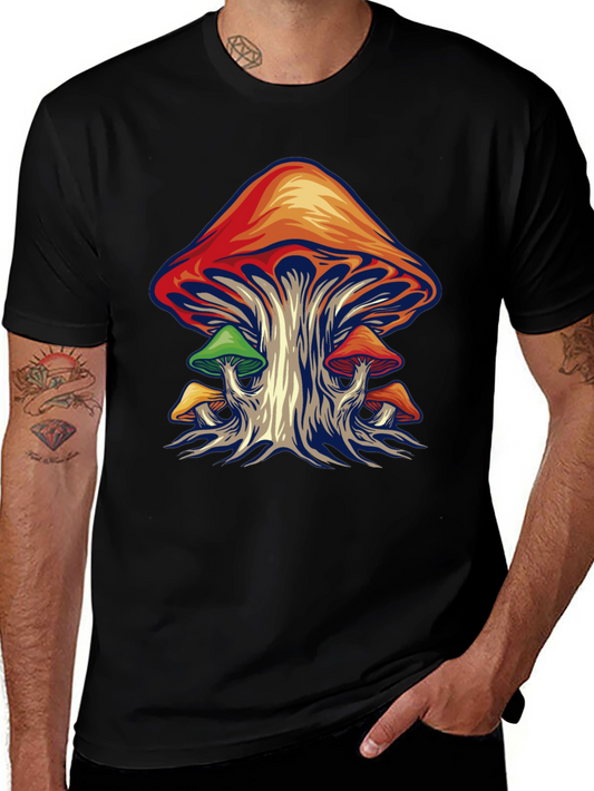 Psychedelic Mushroom Graphic Tee - Black Cotton Shirt