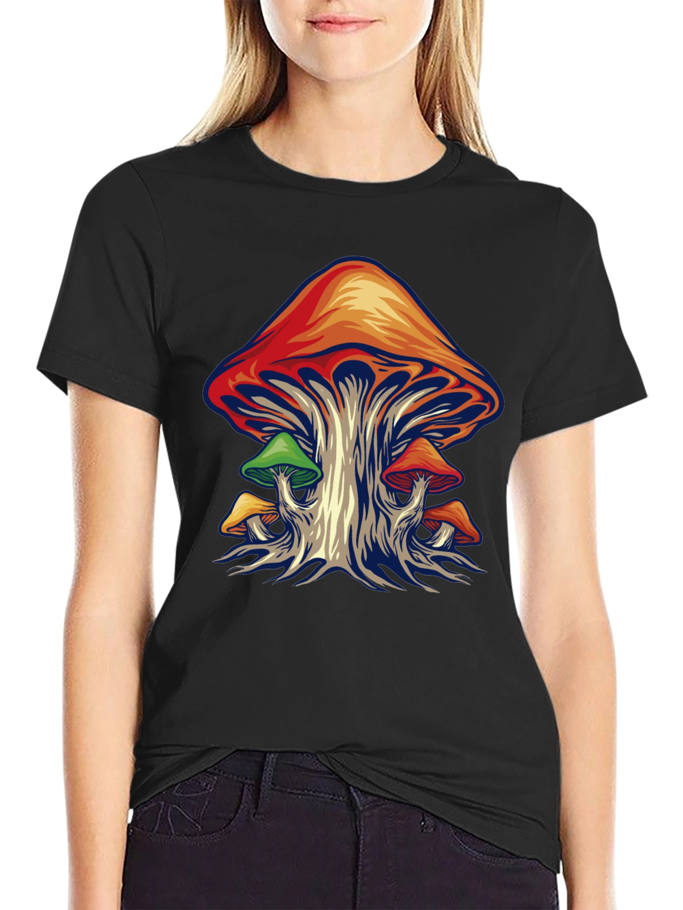 Psychedelic Mushroom Graphic Tee - Black Cotton Shirt