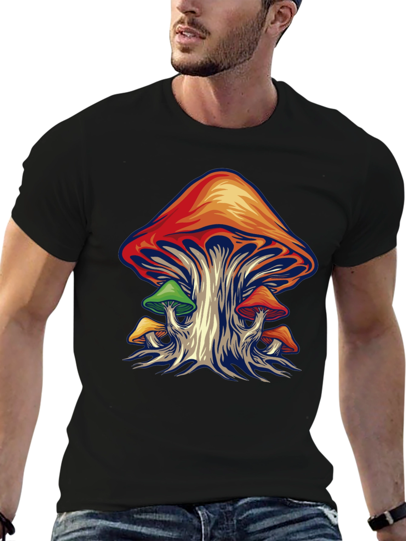 Psychedelic Mushroom Graphic Tee - Black Cotton Shirt