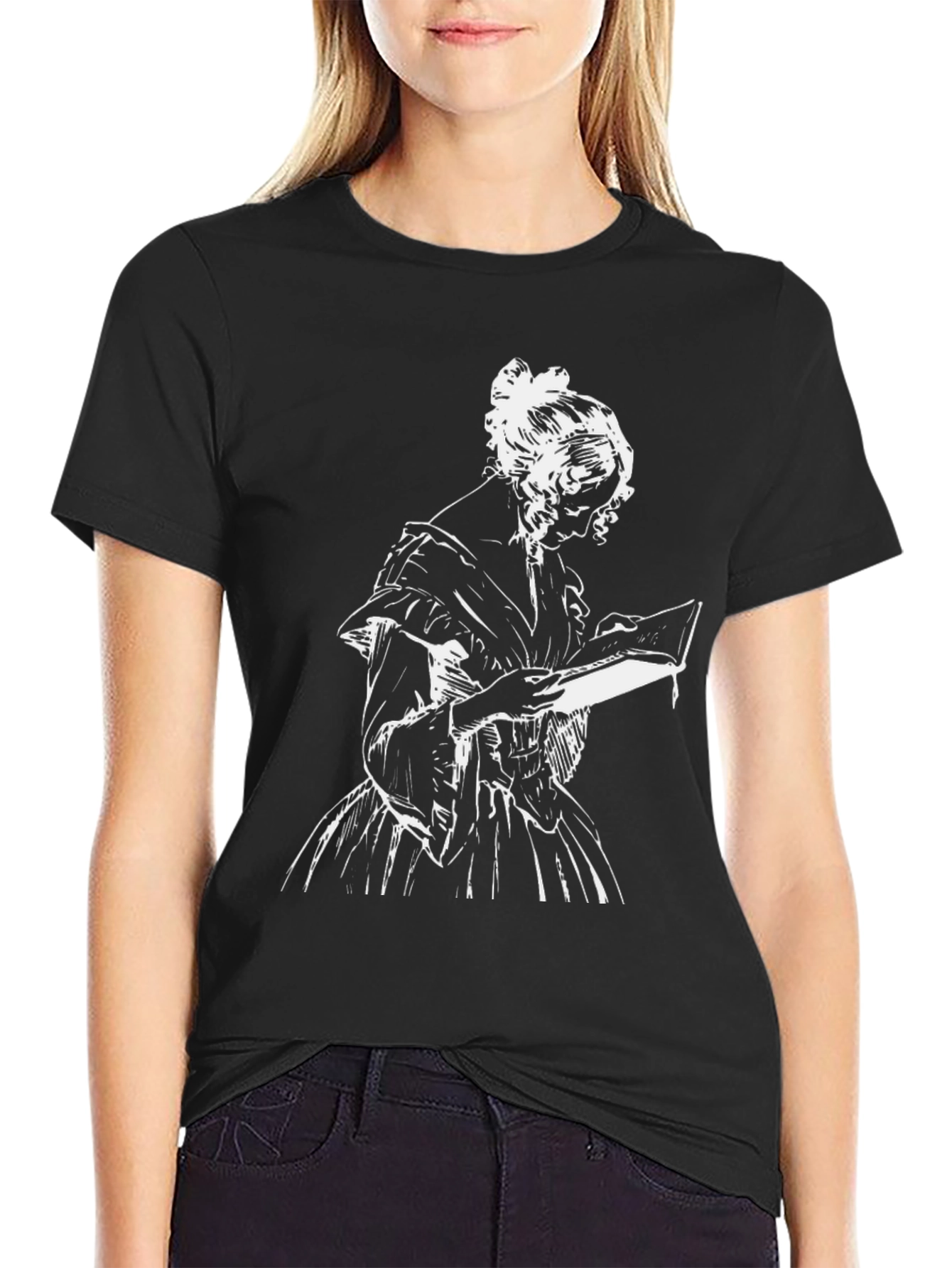 Classic Woman Reading Graphic Tee - Black