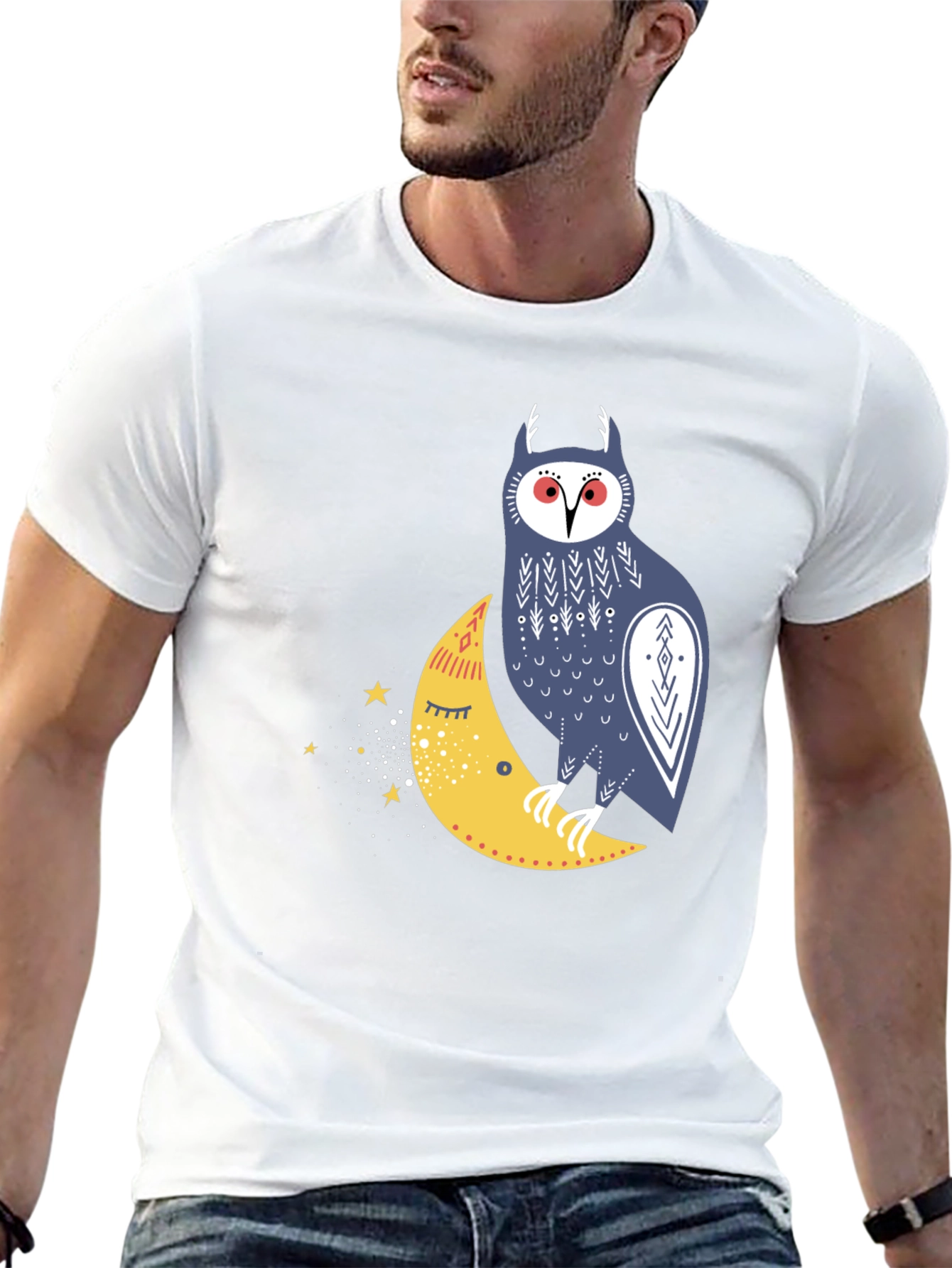 Owl on Moon Graphic Tee - Black Cotton T-Shirt