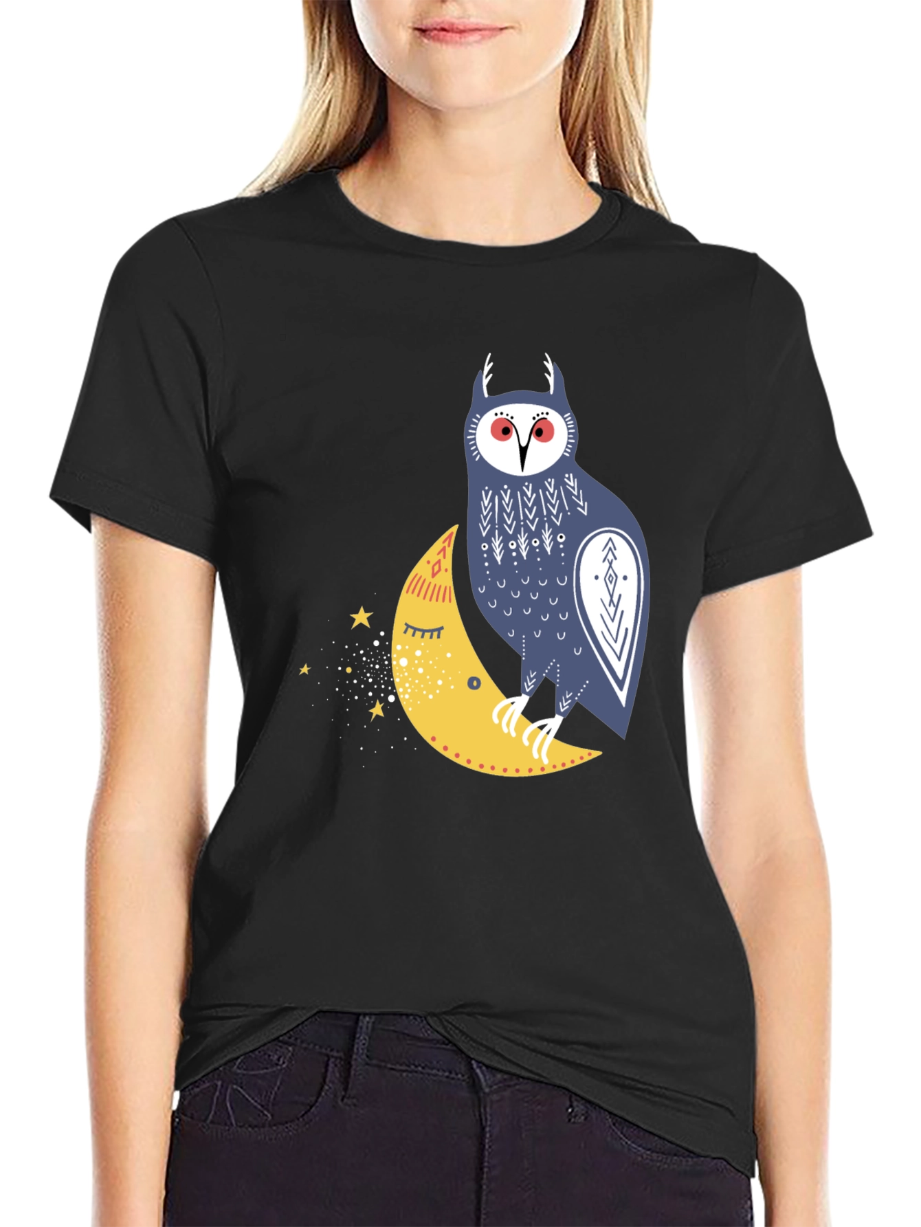 Owl on Moon Graphic Tee - Black Cotton T-Shirt