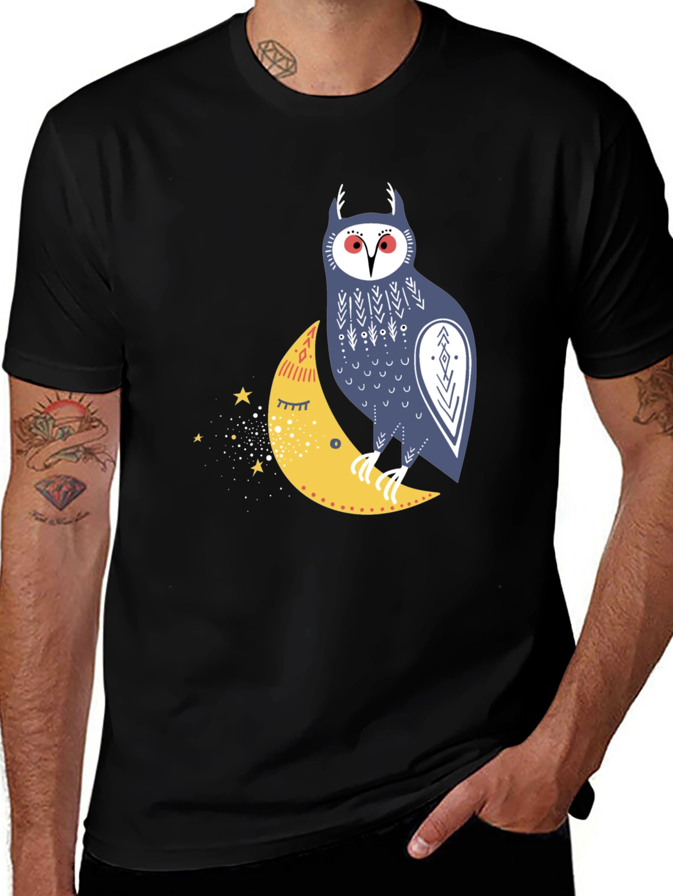 Owl on Moon Graphic Tee - Black Cotton T-Shirt