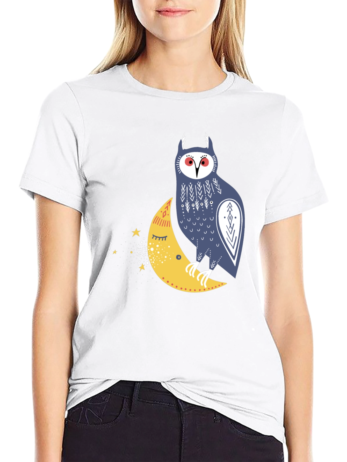 Owl on Moon Graphic Tee - Black Cotton T-Shirt