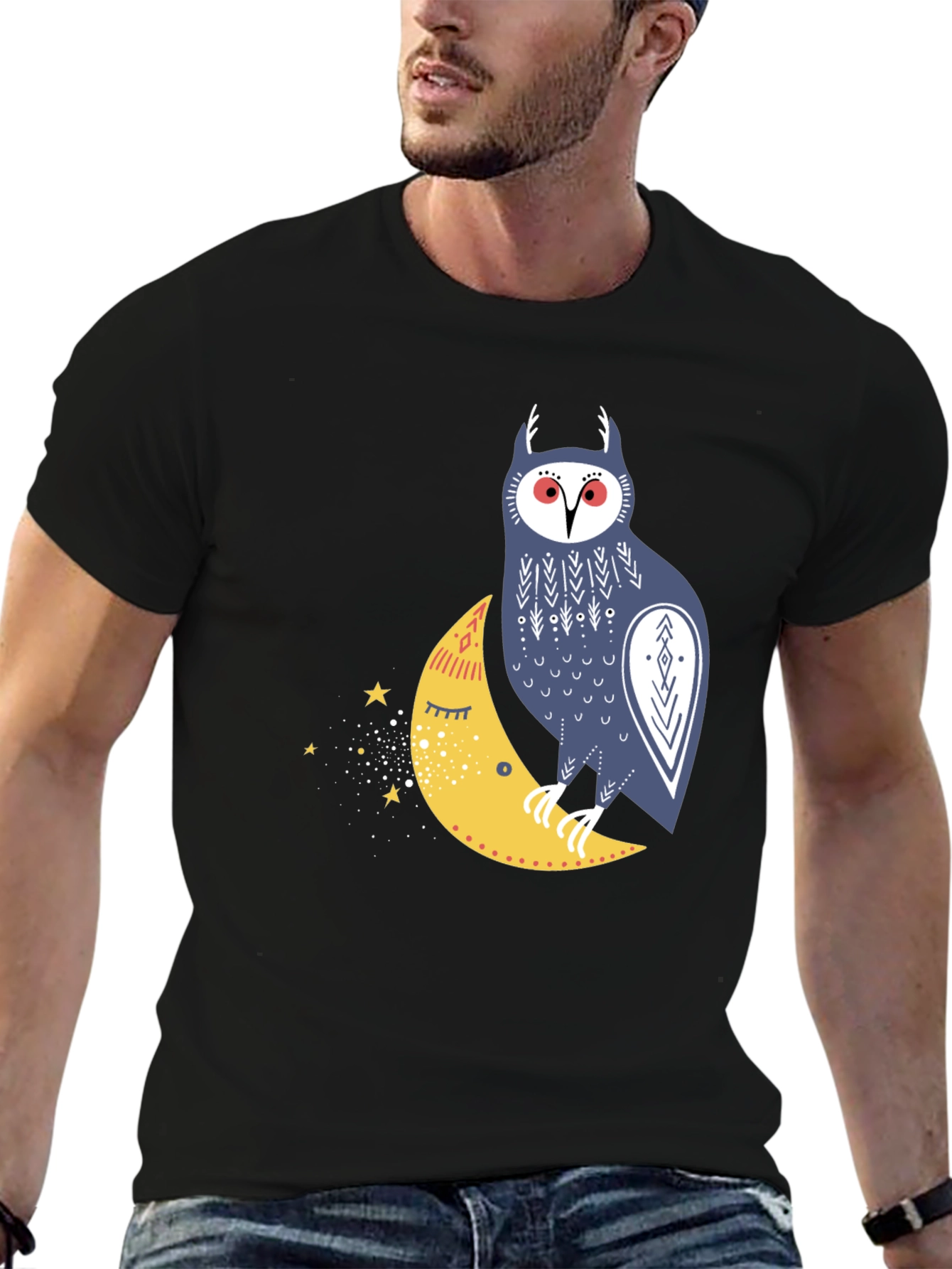 Owl on Moon Graphic Tee - Black Cotton T-Shirt