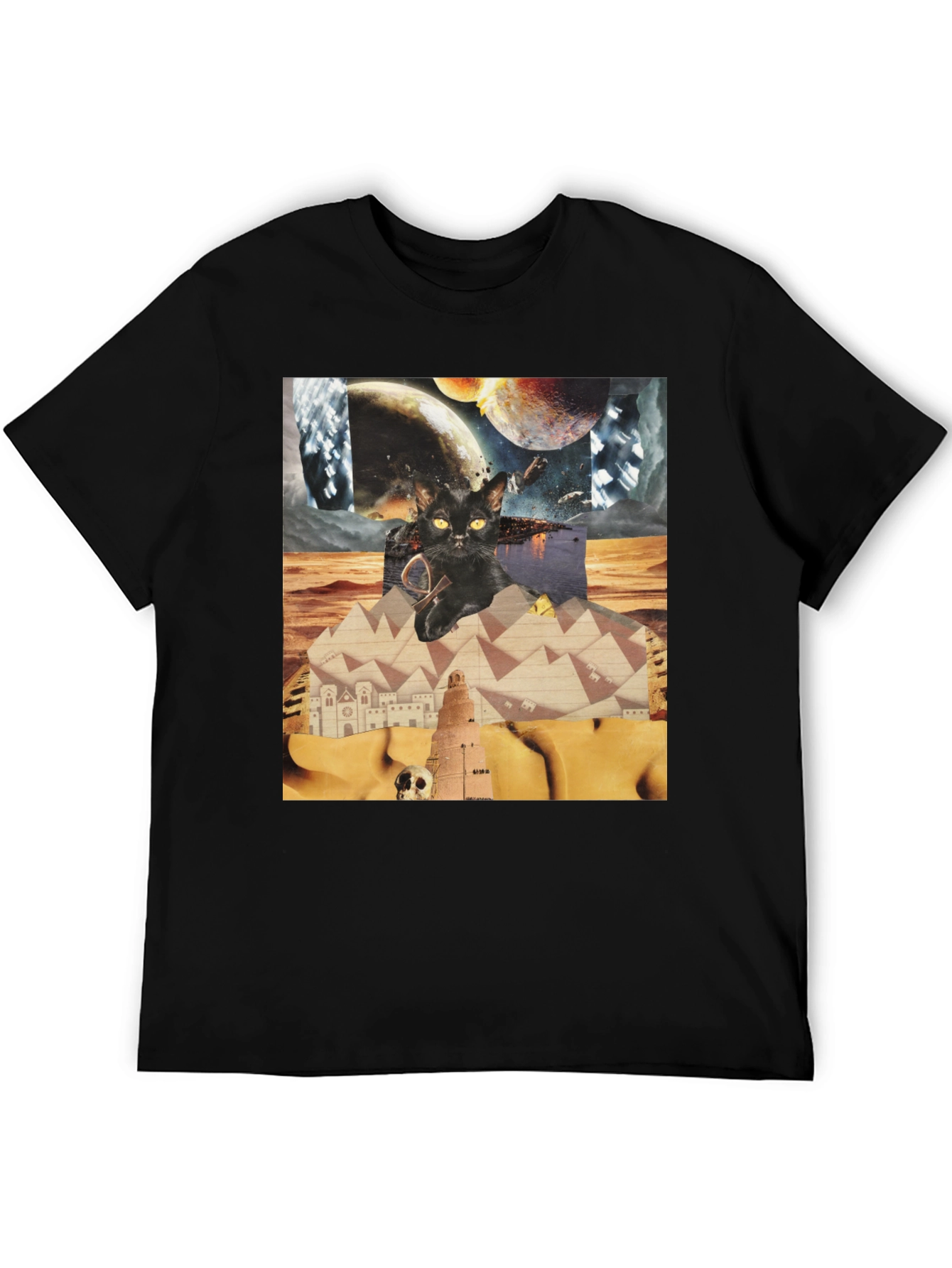 Surreal Cat Graphic Tee - Black Cotton Shirt