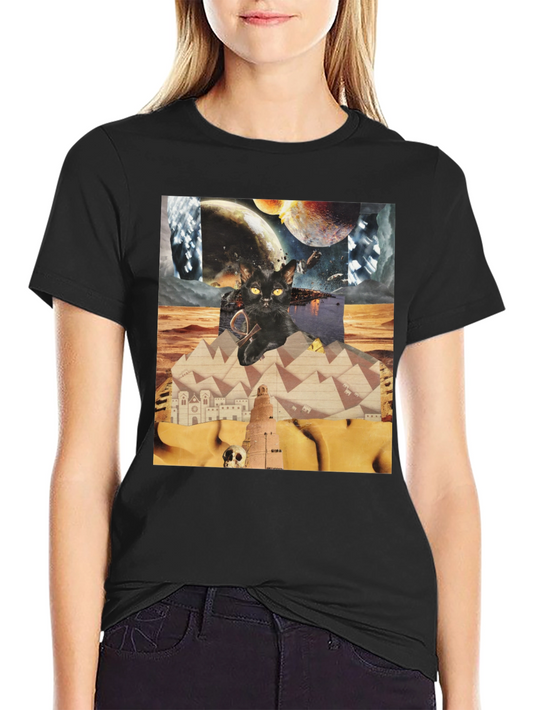 Surreal Cat Graphic Tee - Black Cotton Shirt
