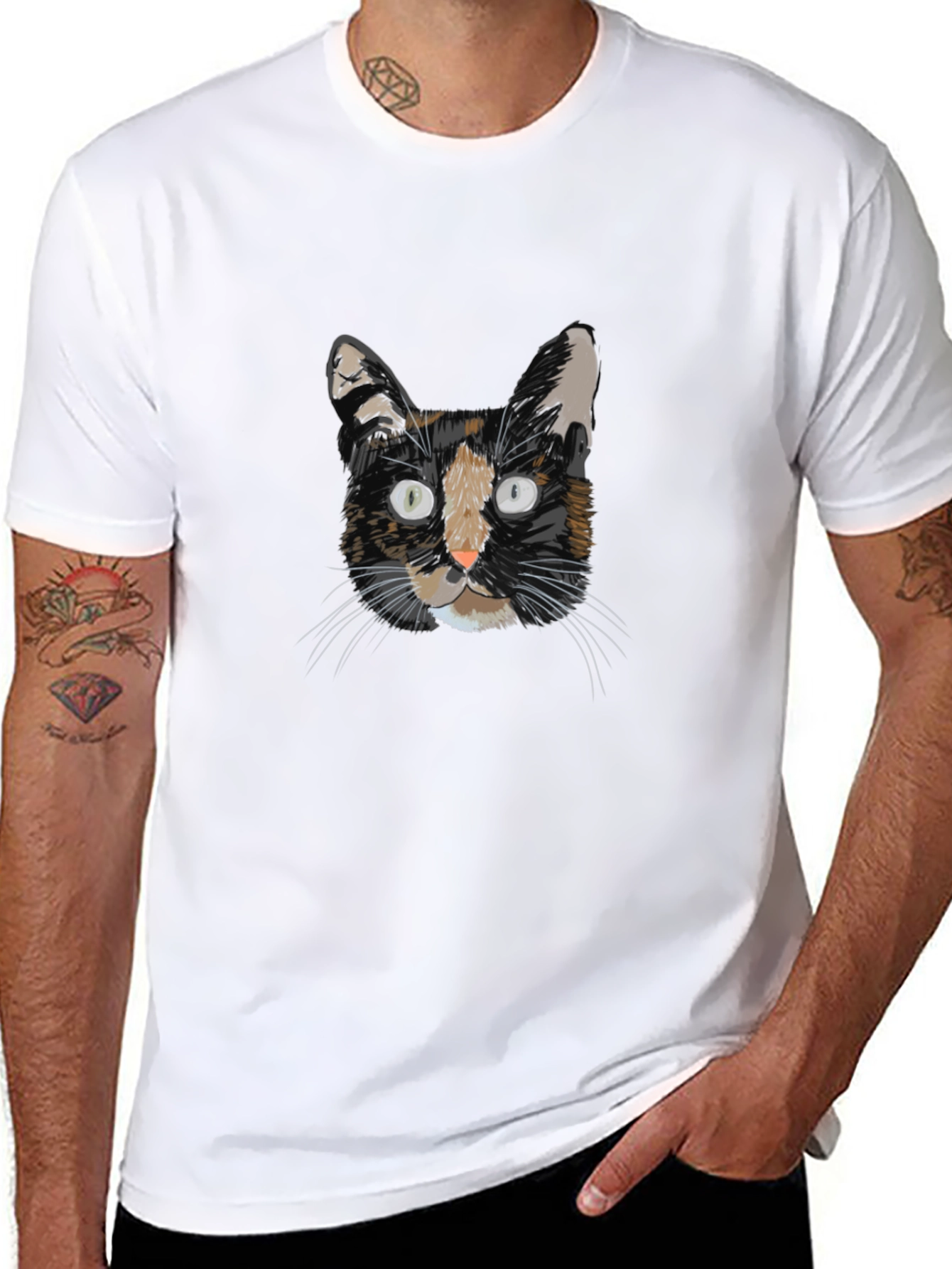 Cool Cat Portrait Graphic T-Shirt - Black