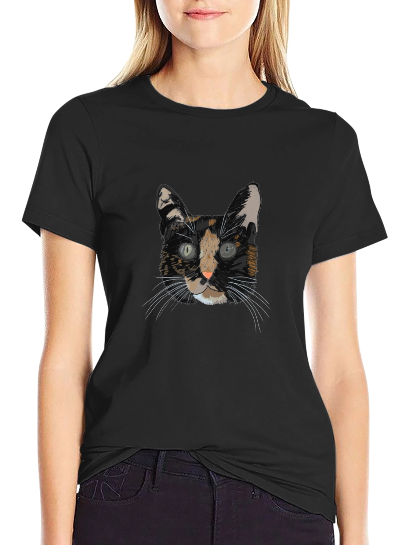 Cool Cat Portrait Graphic T-Shirt - Black