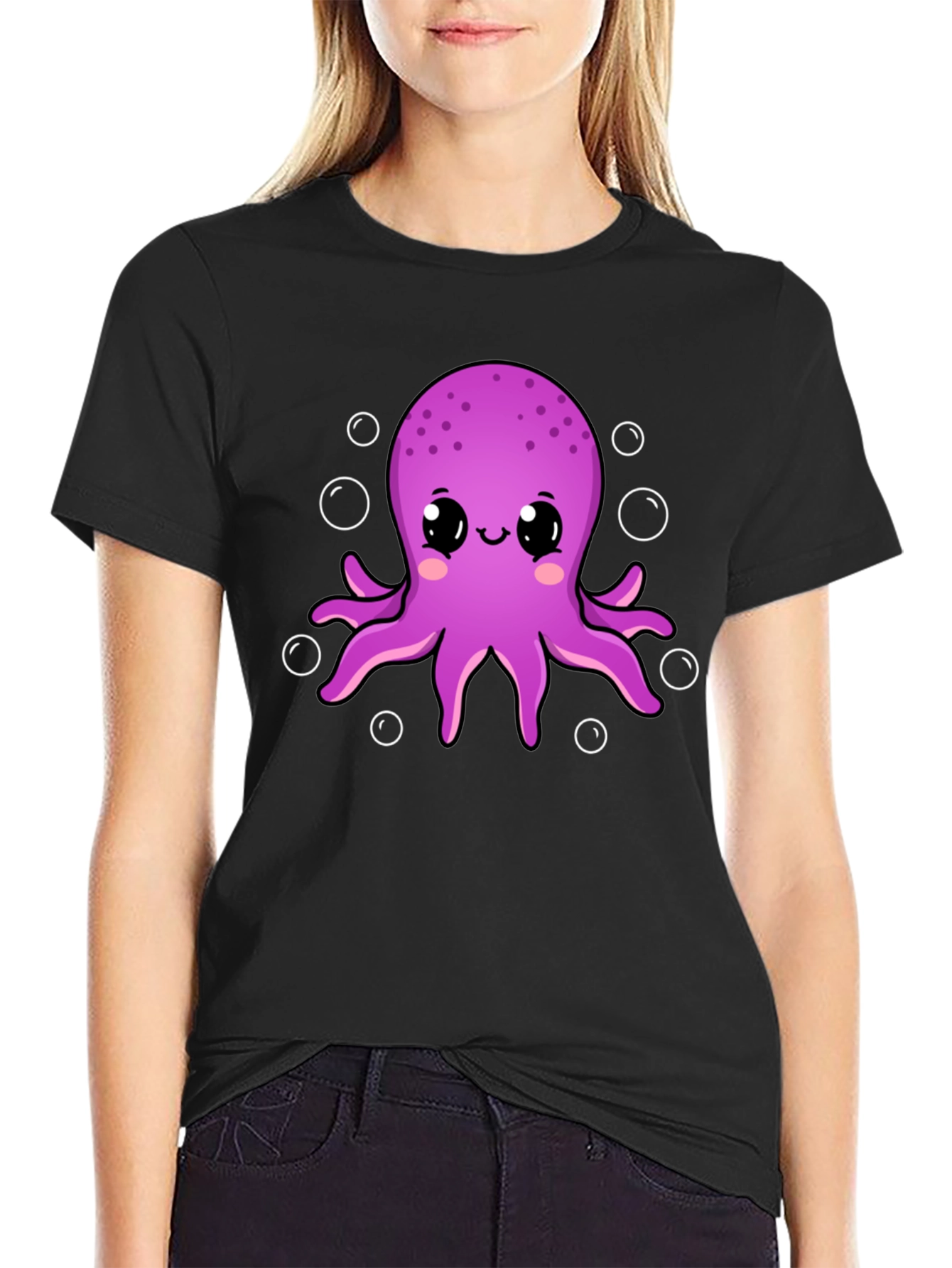 Cute Octopus Graphic Tee - Black Cotton Shirt