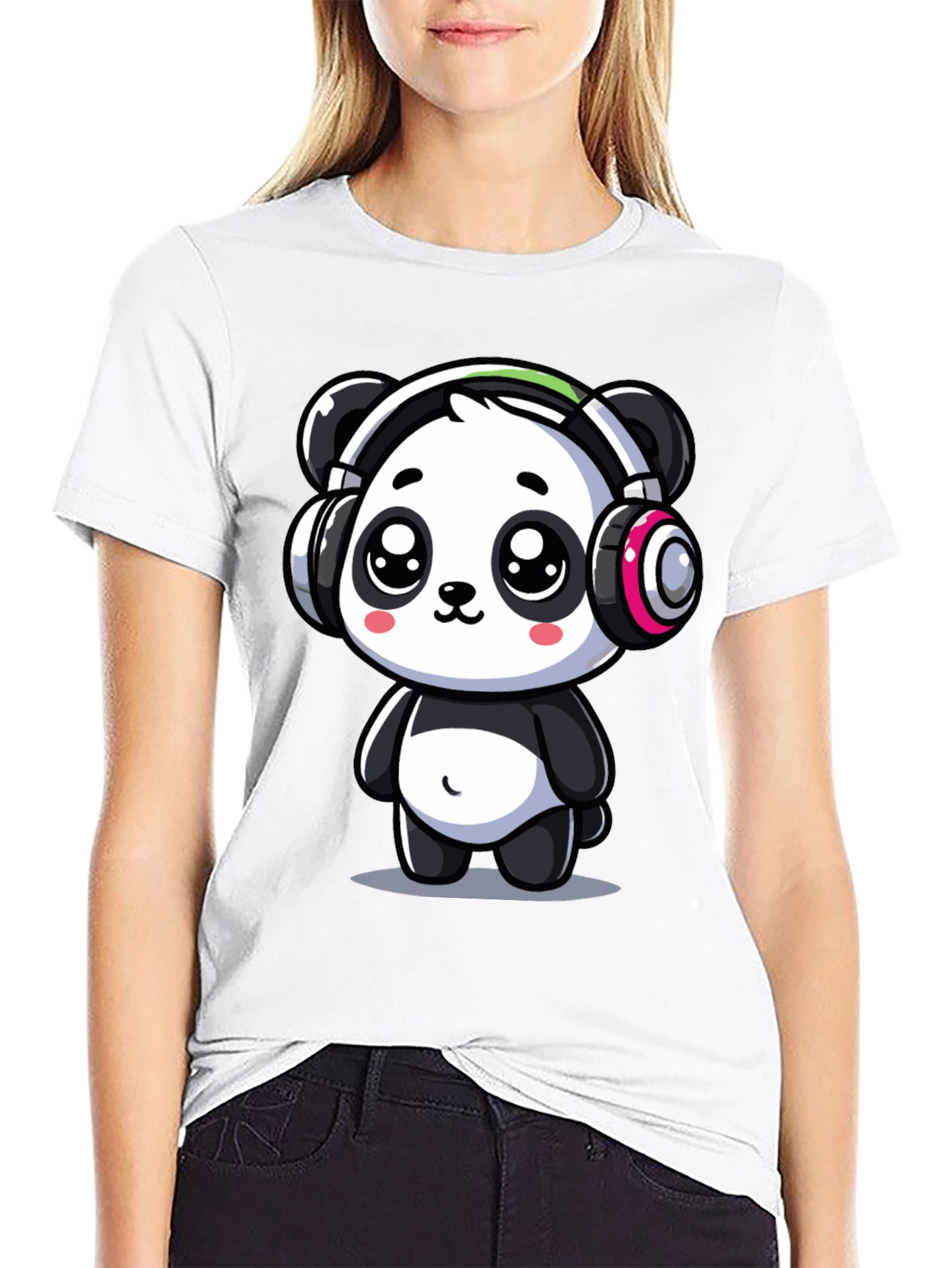 Cute Panda Headphones Graphic Tee - Black Cotton