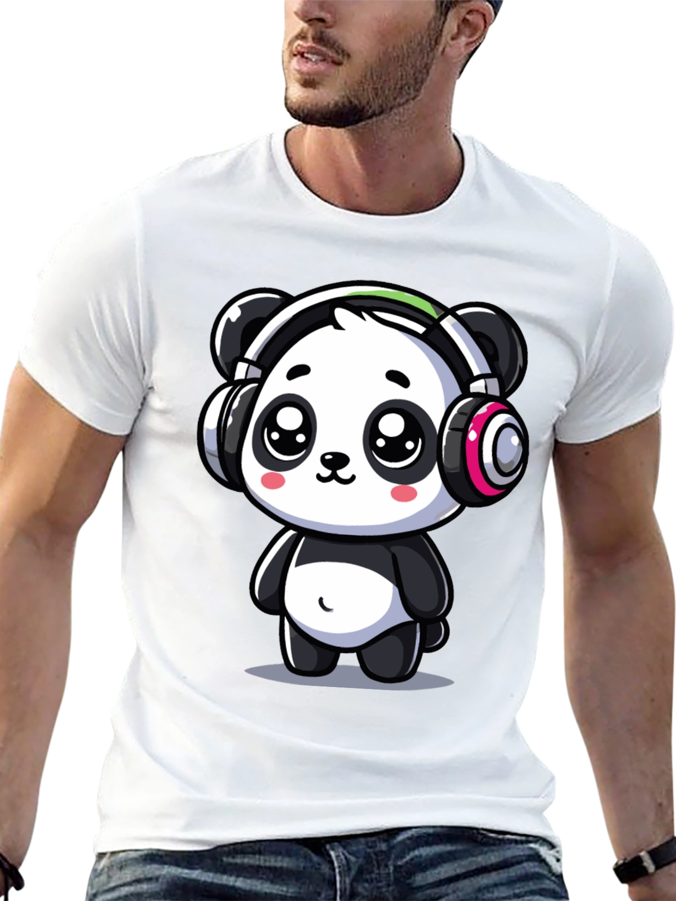 Cute Panda Headphones Graphic Tee - Black Cotton