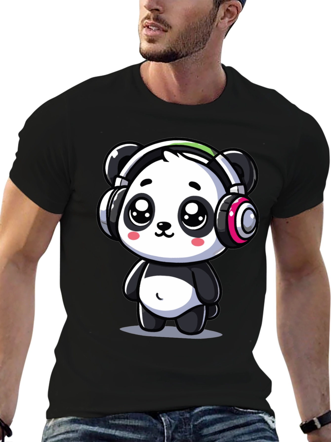 Cute Panda Headphones Graphic Tee - Black Cotton