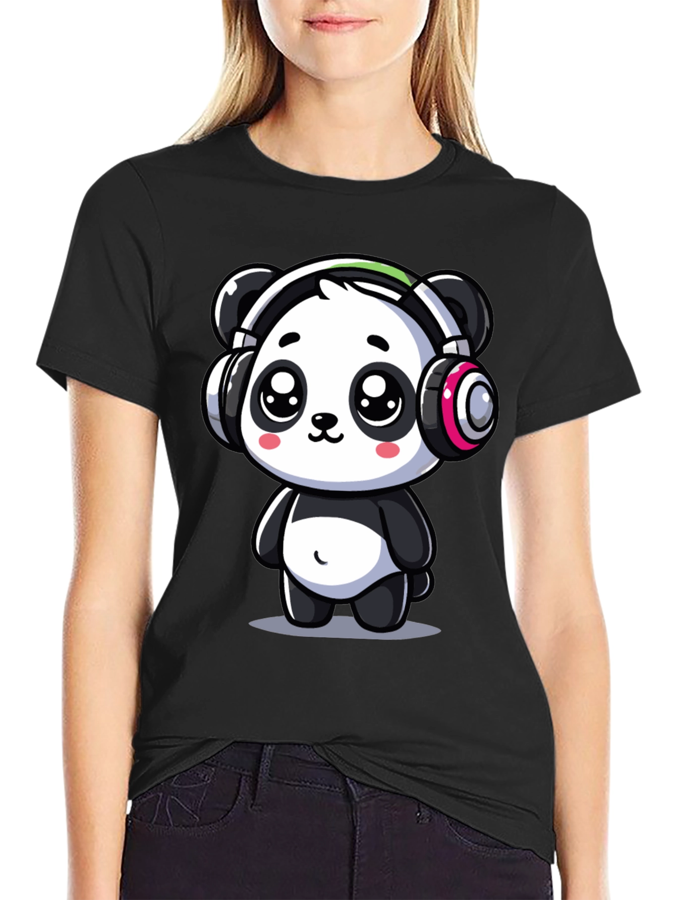 Cute Panda Headphones Graphic Tee - Black Cotton
