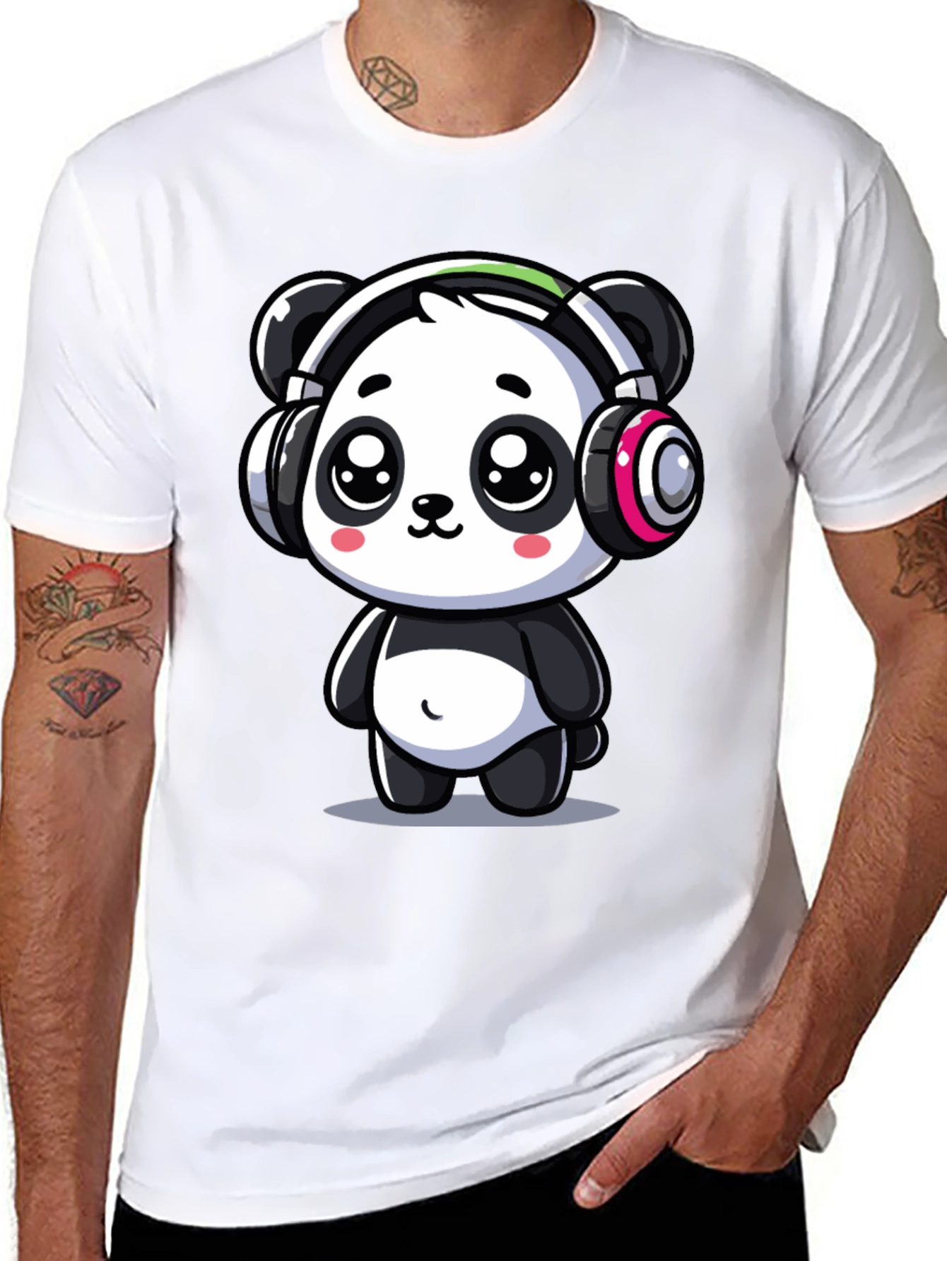 Cute Panda Headphones Graphic Tee - Black Cotton