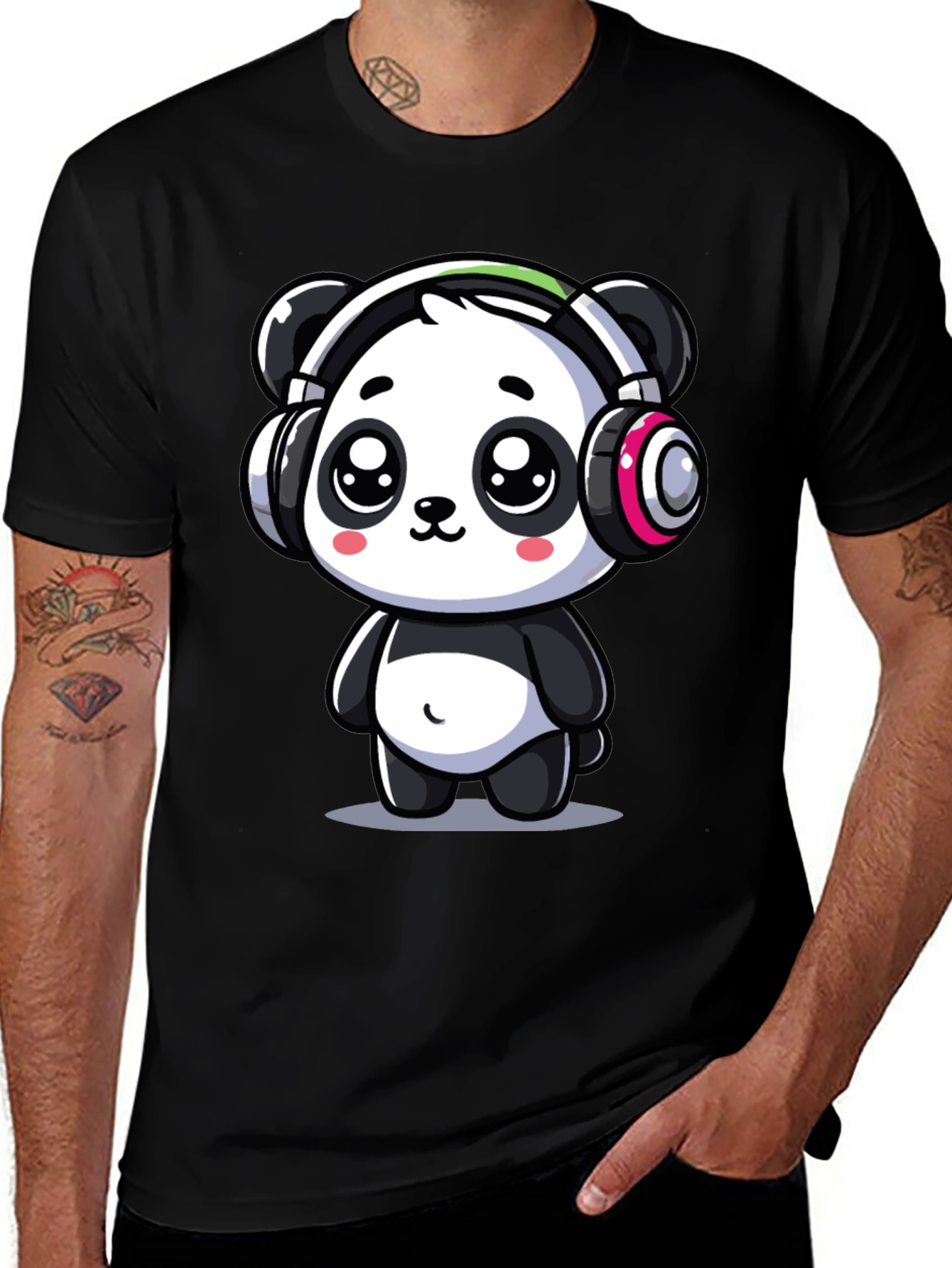 Cute Panda Headphones Graphic Tee - Black Cotton