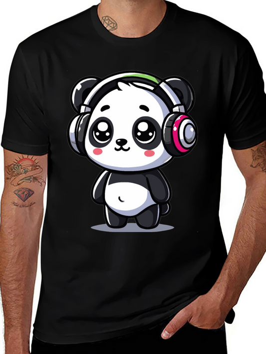 Cute Panda Headphones Graphic Tee - Black Cotton