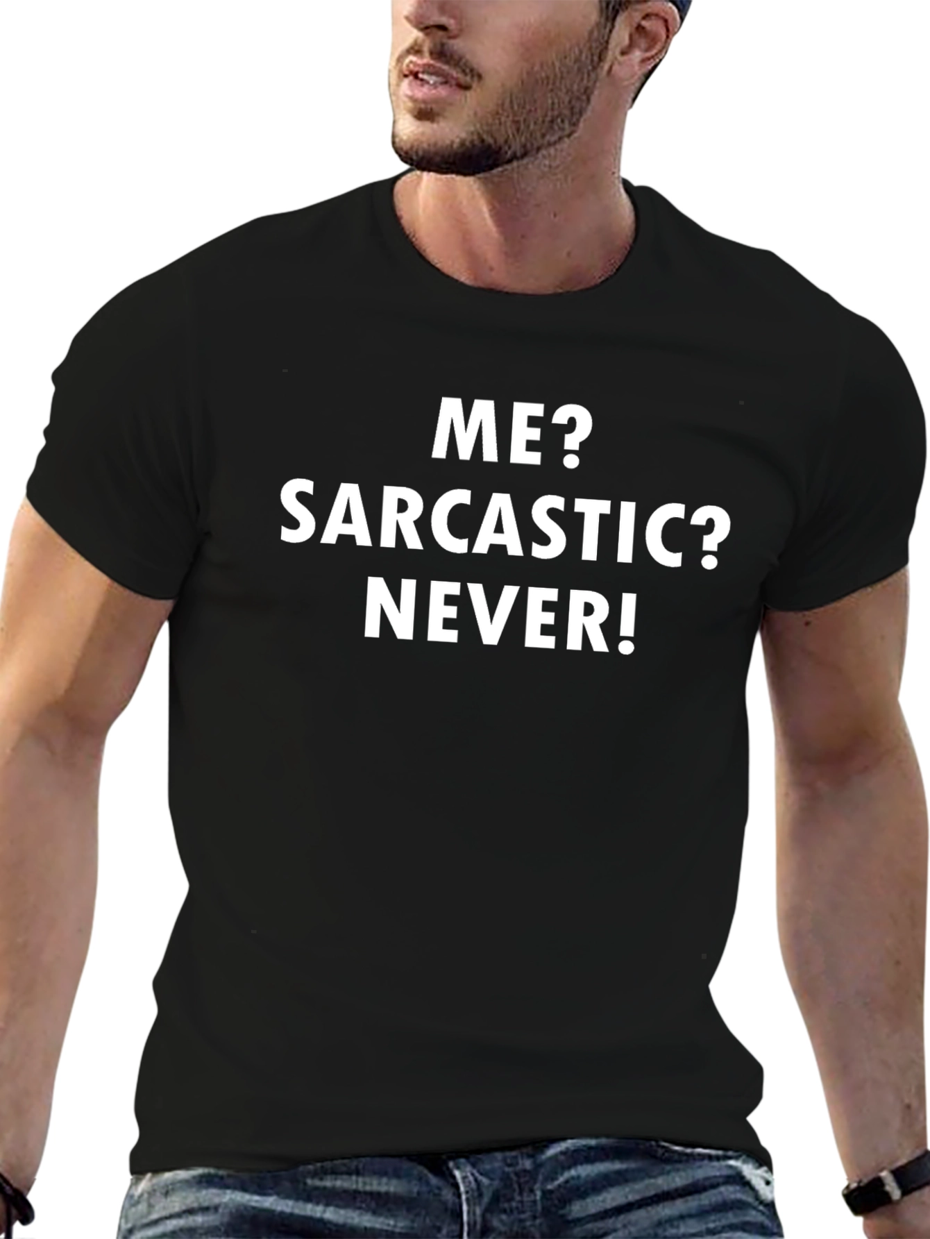 Sarcastic? Never! Mens Black Graphic Tee