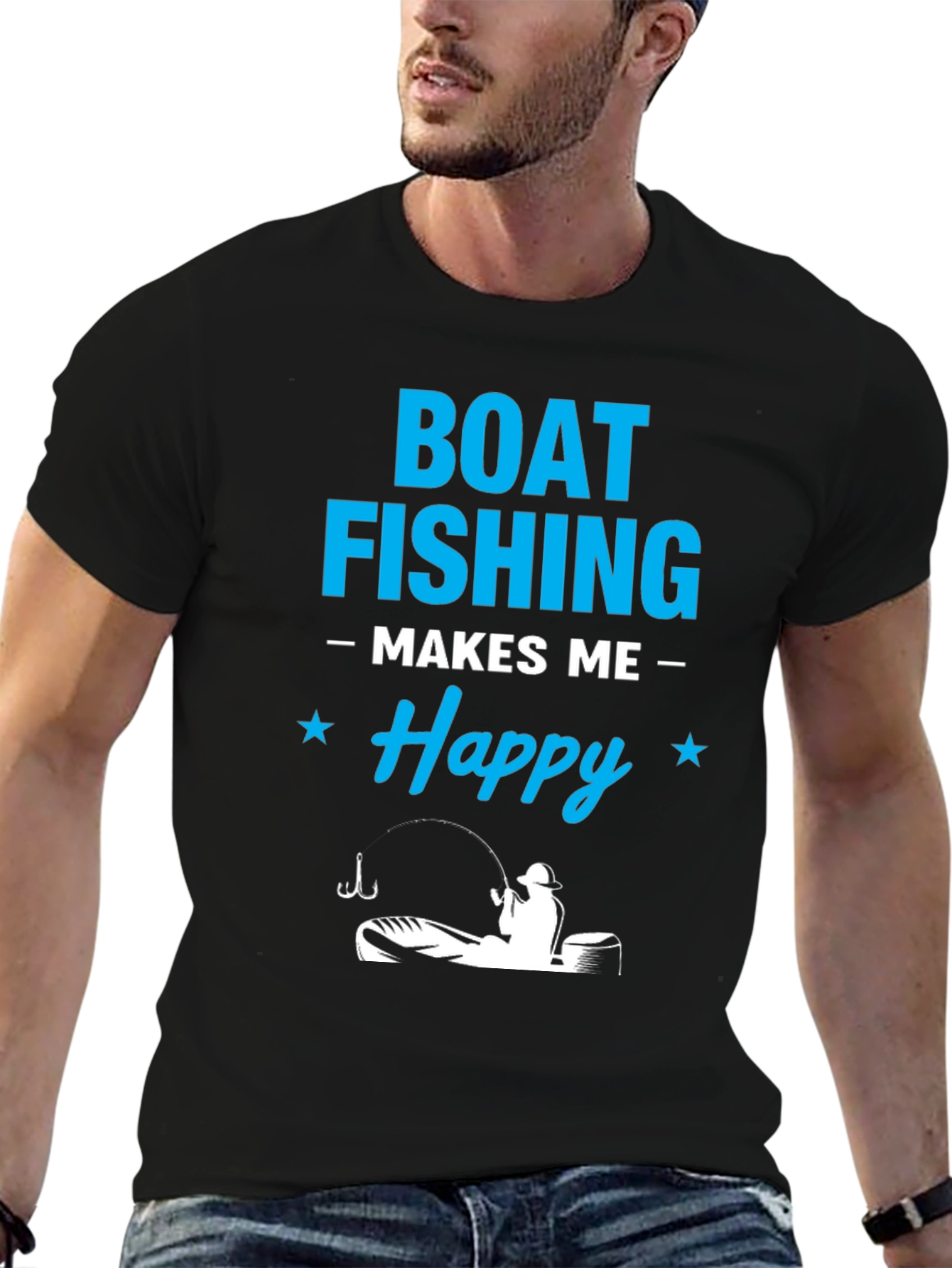 Boat Fishing Makes Me Happy Black T-Shirt