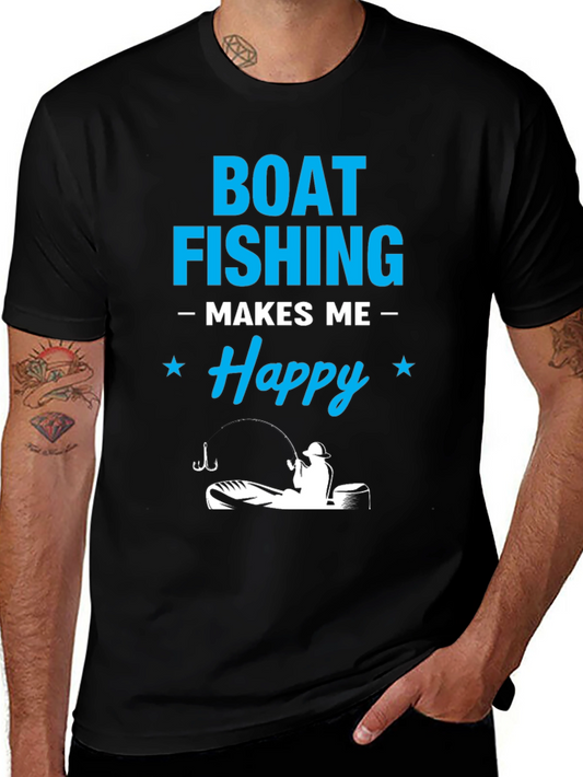 Boat Fishing Makes Me Happy Black T-Shirt