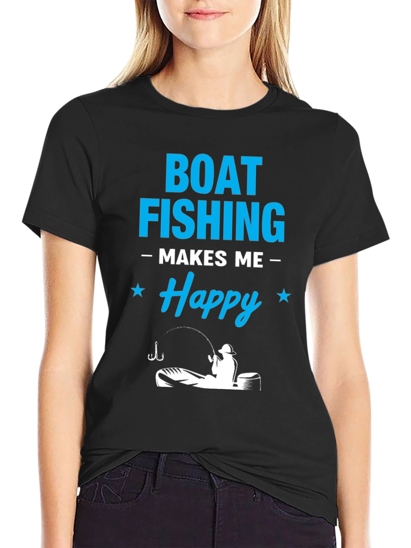 Boat Fishing Makes Me Happy Black T-Shirt