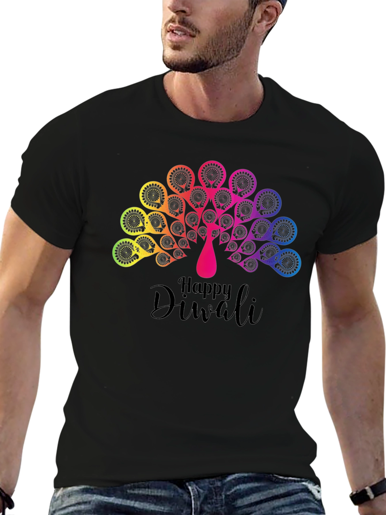 Happy Diwali Rainbow Peacock Black T-Shirt