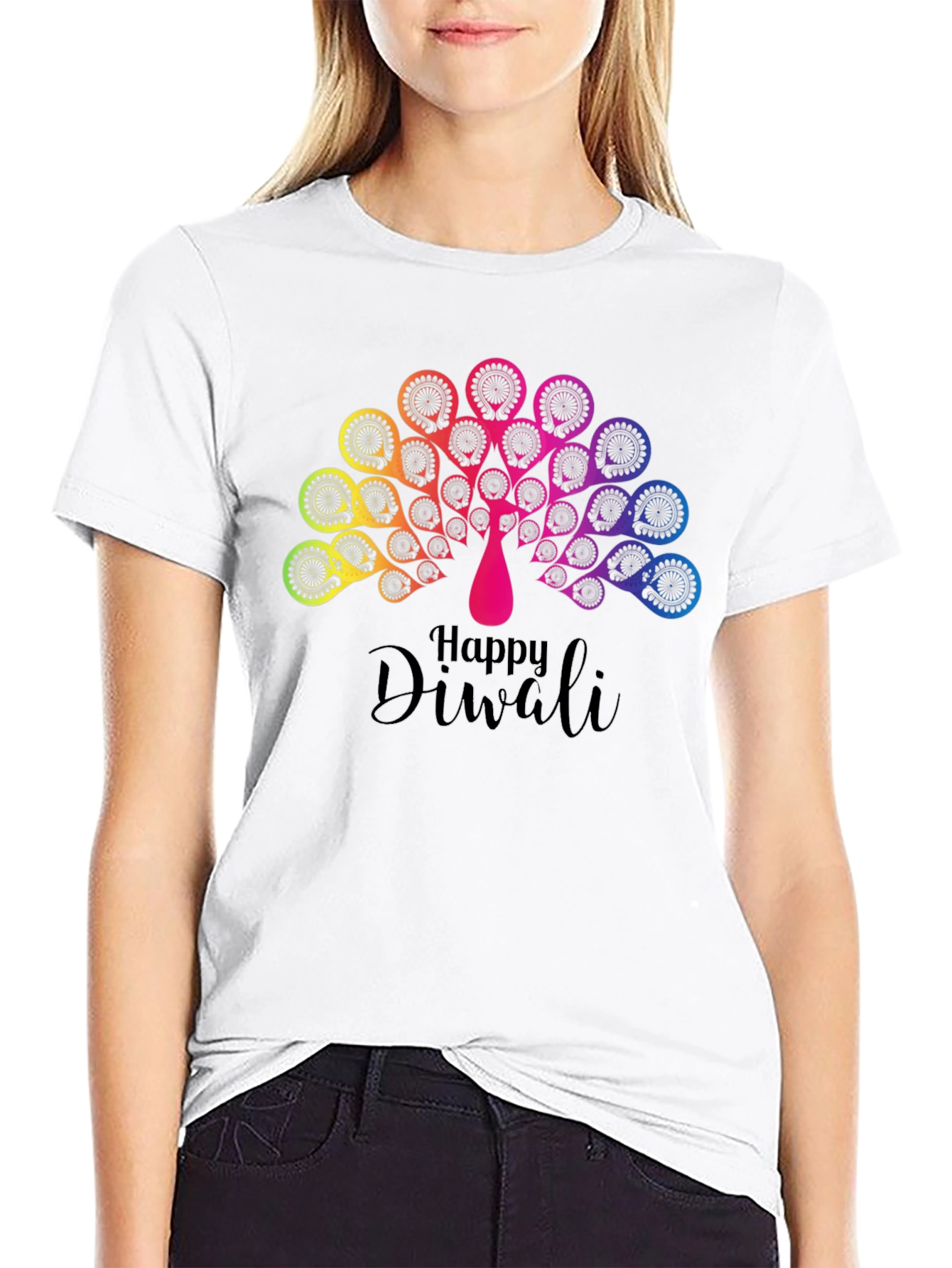 Happy Diwali Rainbow Peacock Black T-Shirt