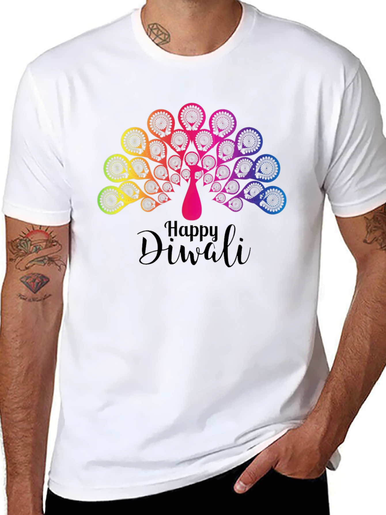Happy Diwali Rainbow Peacock Black T-Shirt