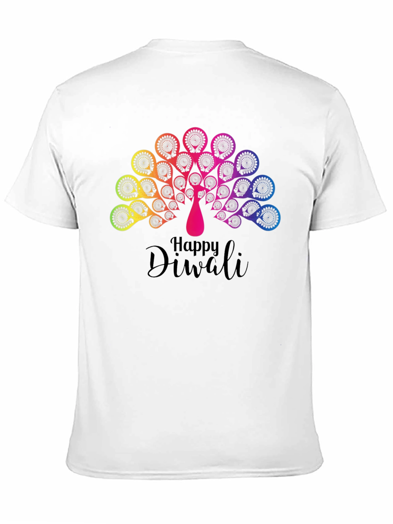 Happy Diwali Rainbow Peacock Black T-Shirt