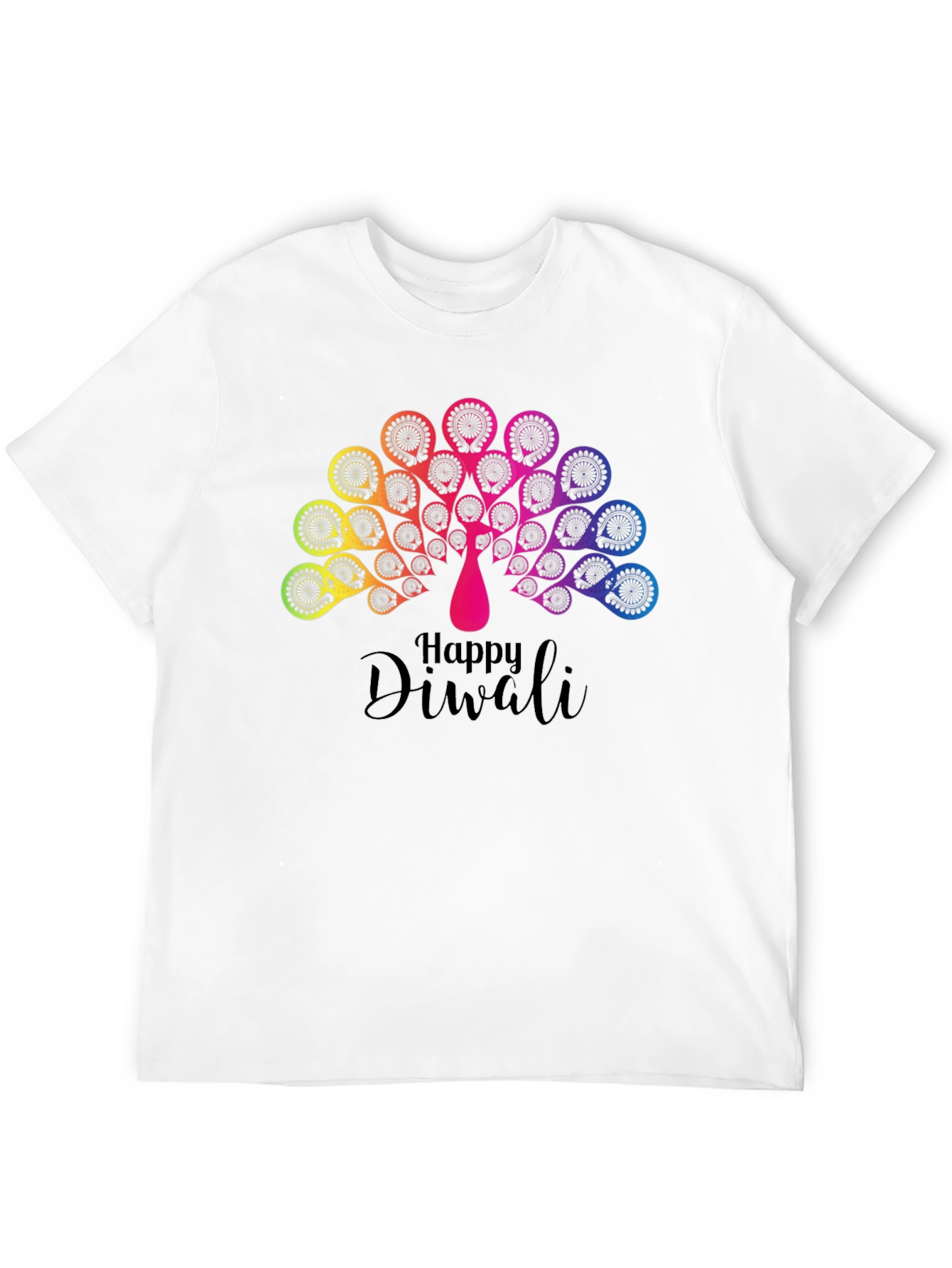Happy Diwali Rainbow Peacock Black T-Shirt