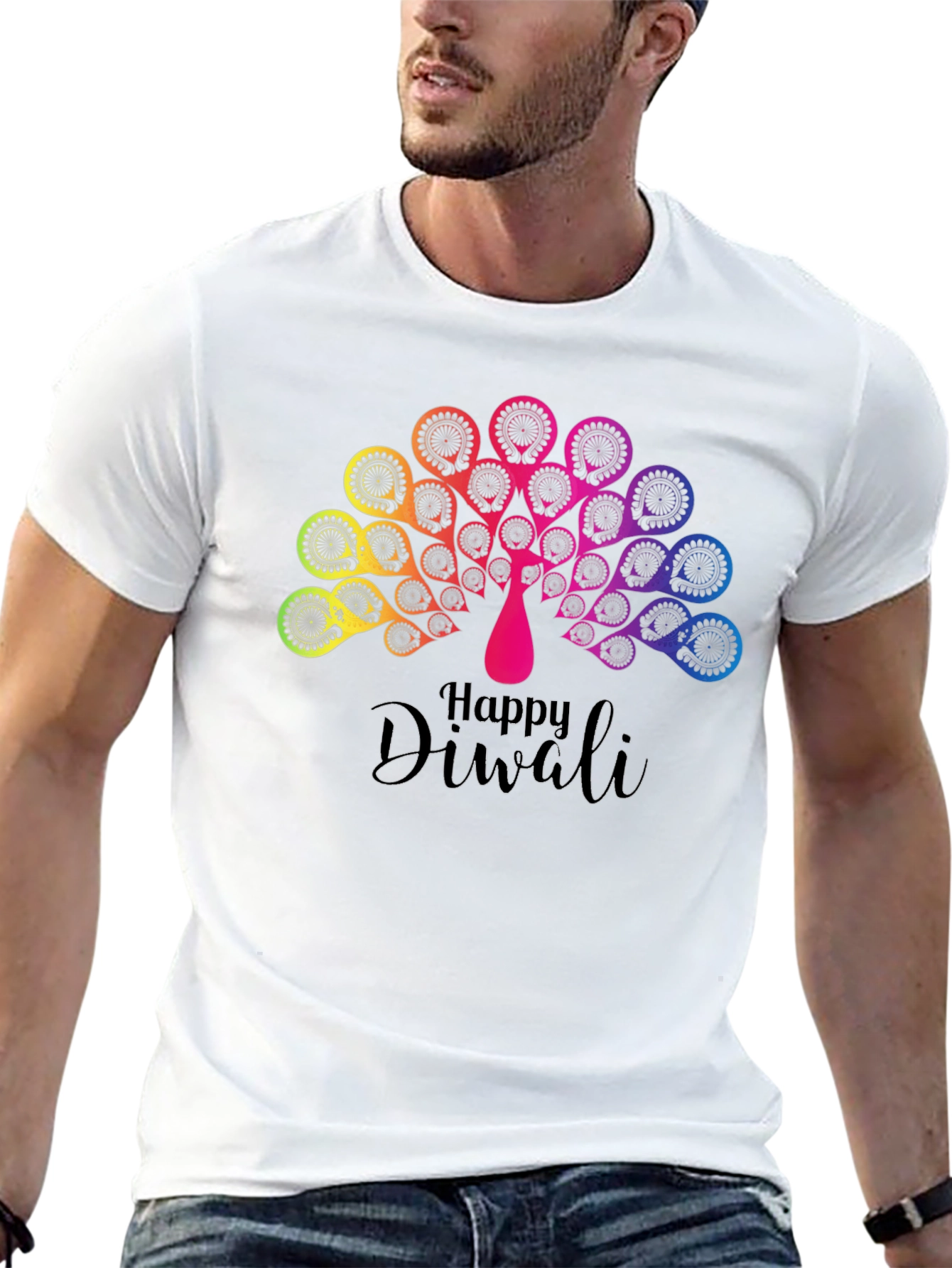Happy Diwali Rainbow Peacock Black T-Shirt