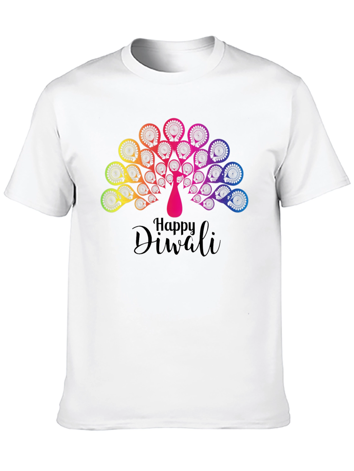 Happy Diwali Rainbow Peacock Black T-Shirt