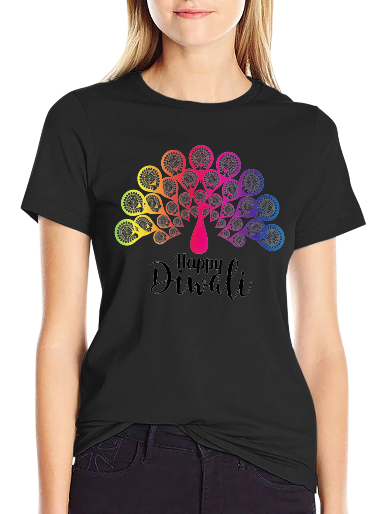 Happy Diwali Rainbow Peacock Black T-Shirt