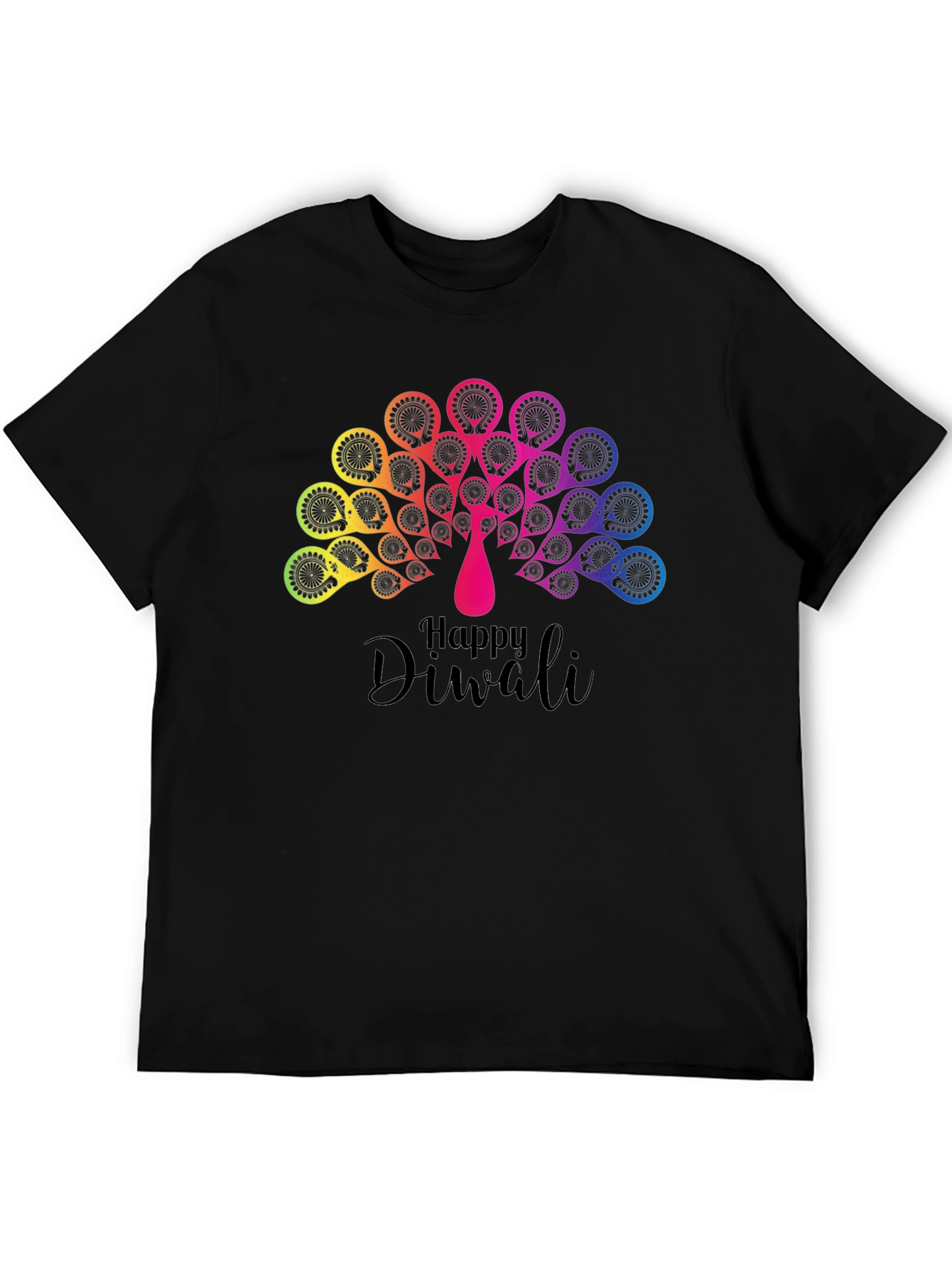 Happy Diwali Rainbow Peacock Black T-Shirt