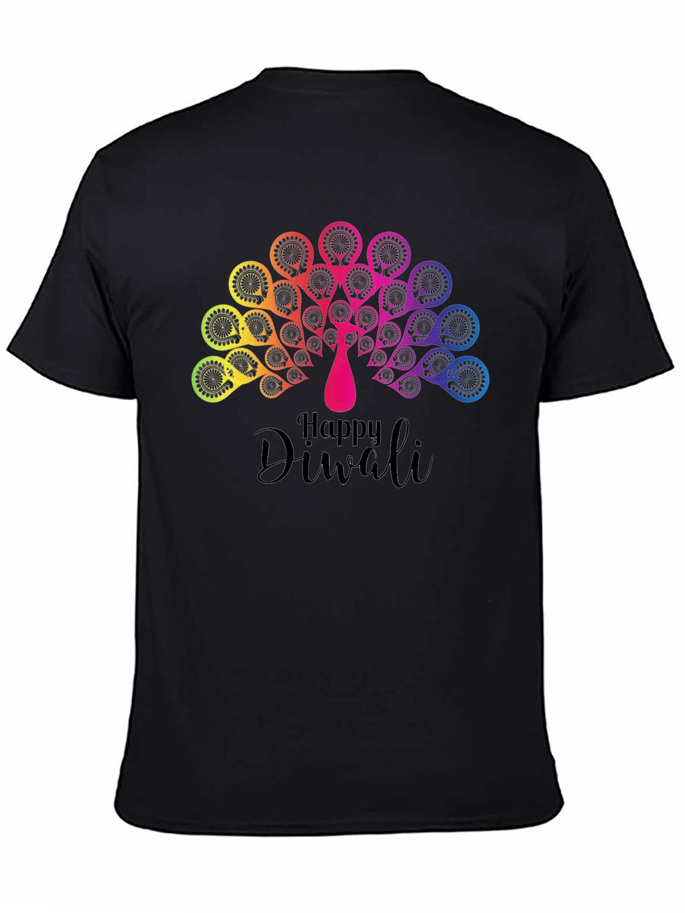 Happy Diwali Rainbow Peacock Black T-Shirt