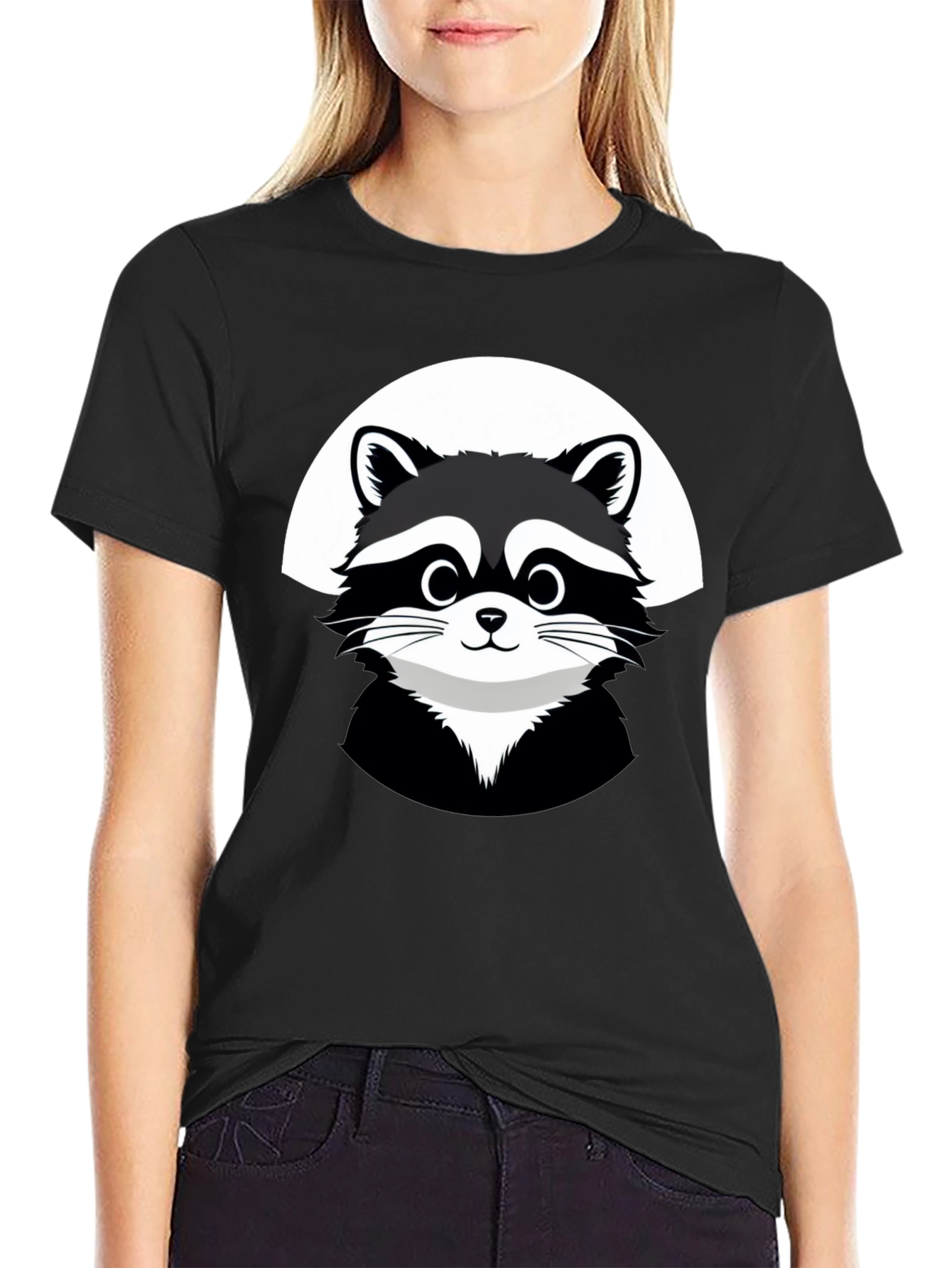 Cute Raccoon Graphic Black T-Shirt