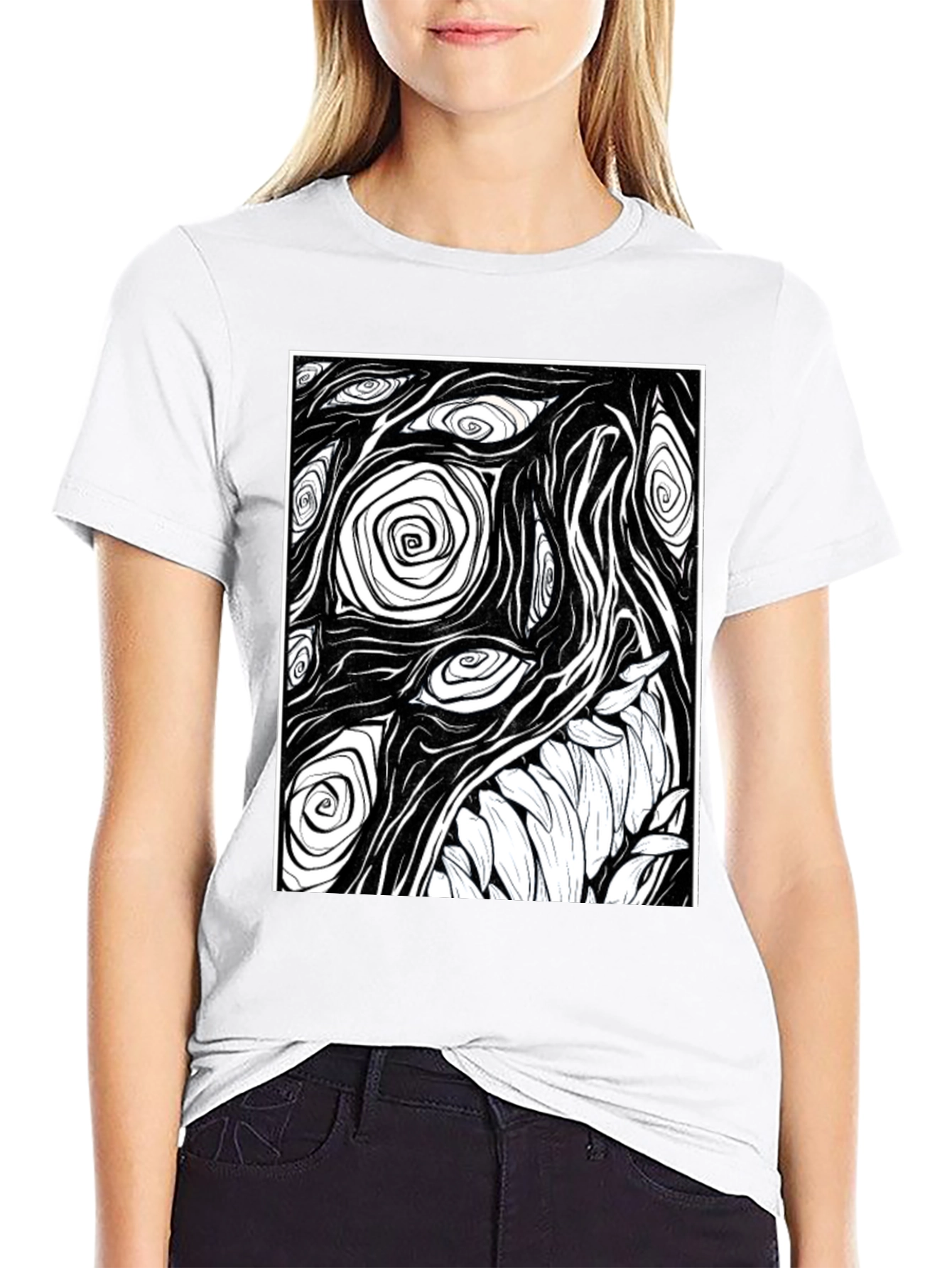 Abstract Eye and Teeth Graphic Black T-Shirt