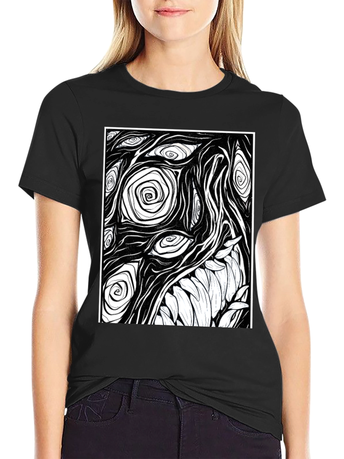 Abstract Eye and Teeth Graphic Black T-Shirt
