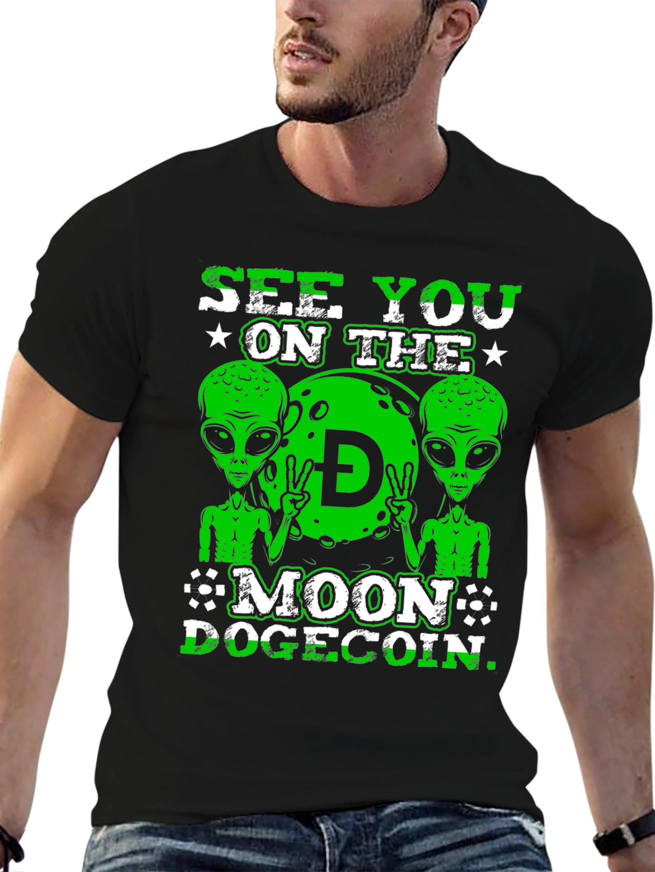 See You On The Moon Dogecoin Black T-Shirt