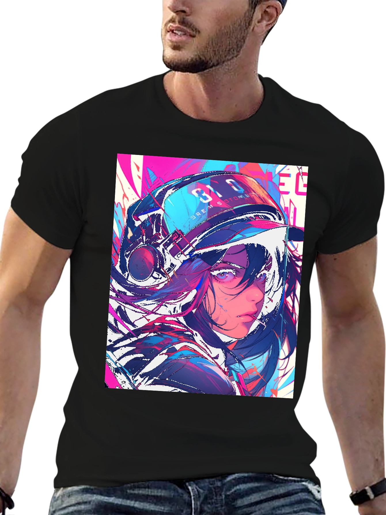 Anime Girl Graphic Print Black T-Shirt