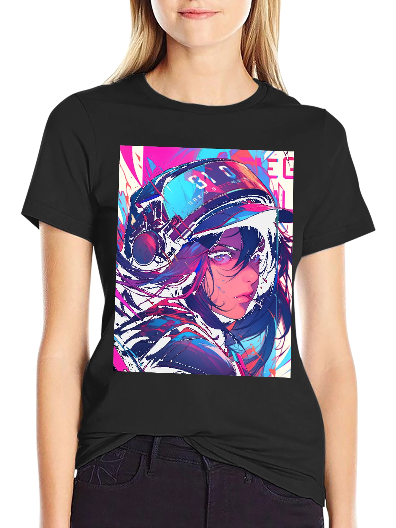 Anime Girl Graphic Print Black T-Shirt