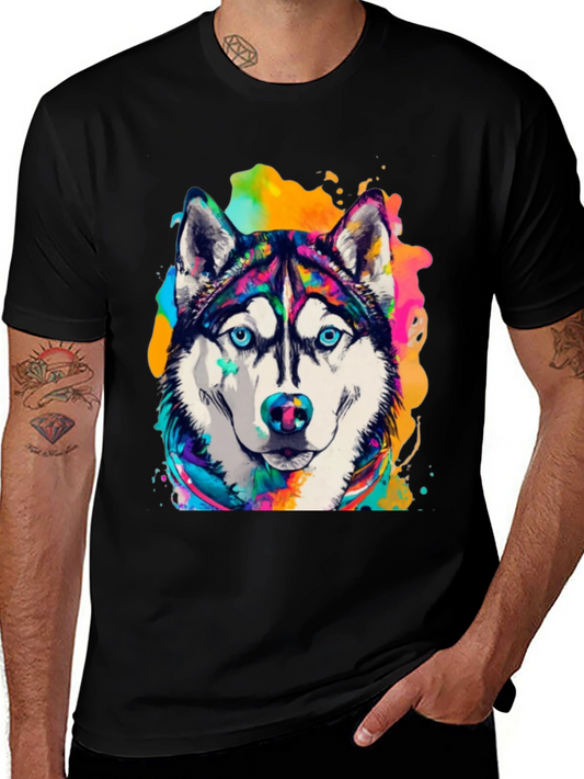 Husky Dog Art T-Shirt - Vibrant Watercolor Design