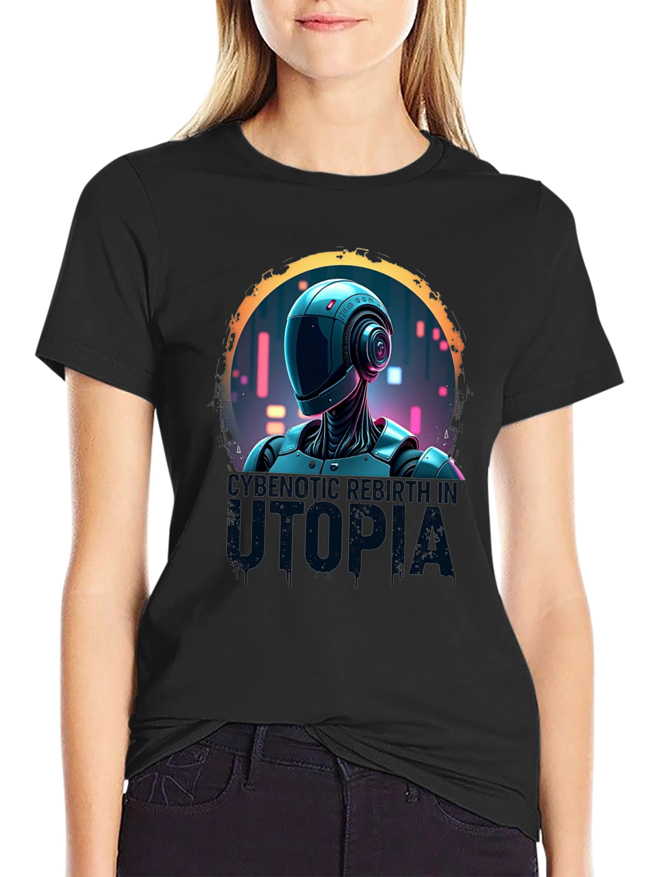 Cybernetic Robot Utopia Black Graphic Tee