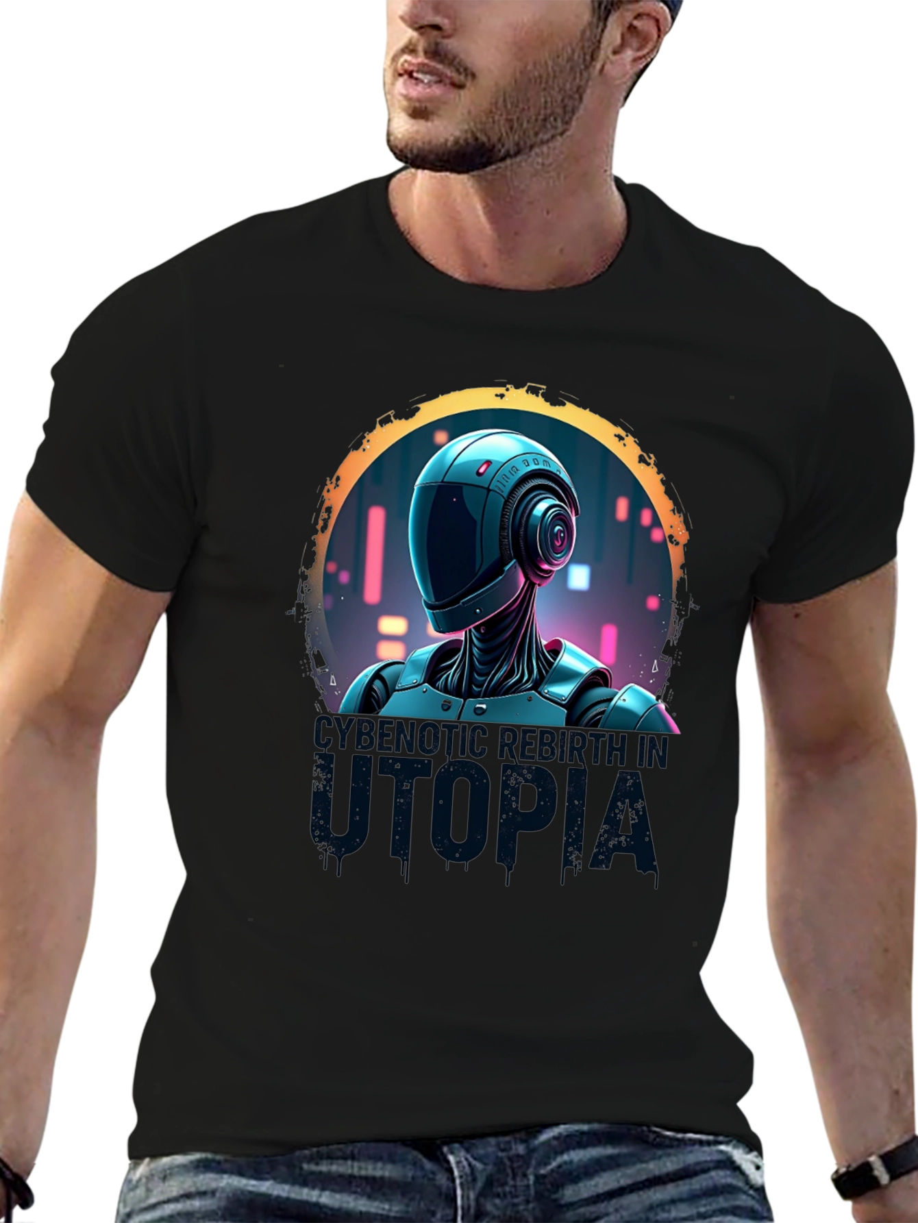 Cybernetic Robot Utopia Black Graphic Tee